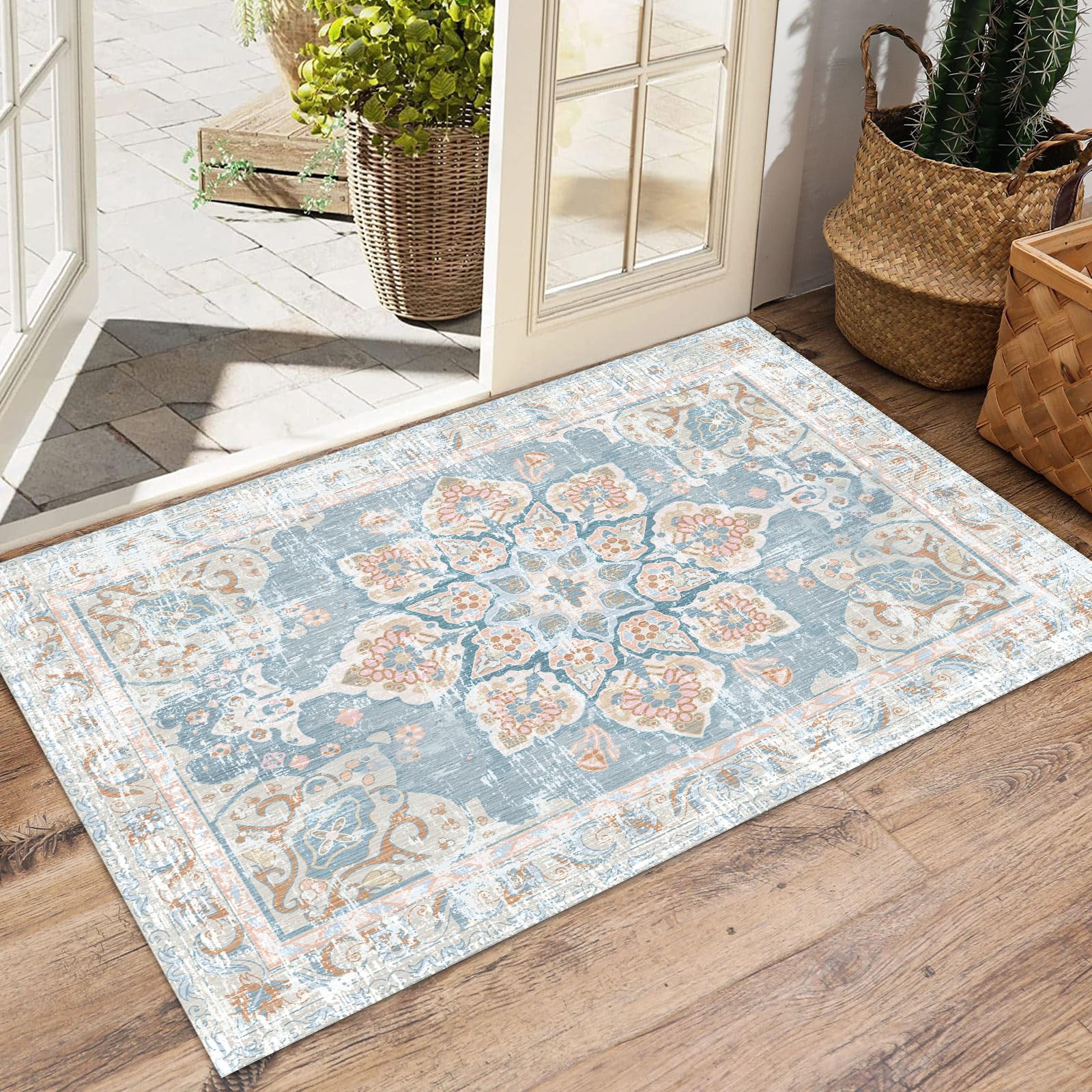 Vhong Washable Area Rugs Boho Vintage Neutral Modern Pale Blue 2x3 Non Slip Small Carpet for Hallway Bathroom Entryway