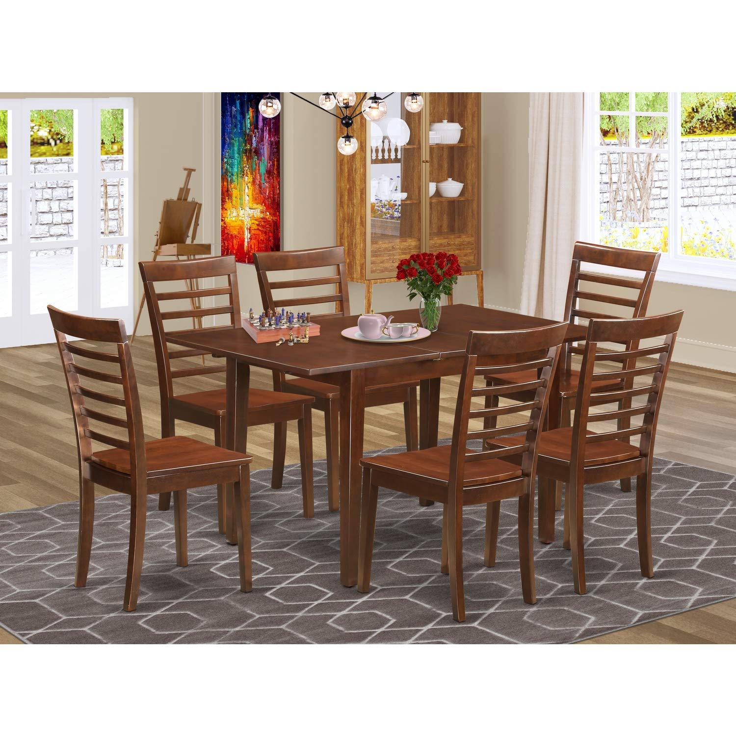 East West Furniture Noml7-Mah-W 7 Pc Dining Room Set - Rectangular Table With Leaf And 6 Dining Chairs