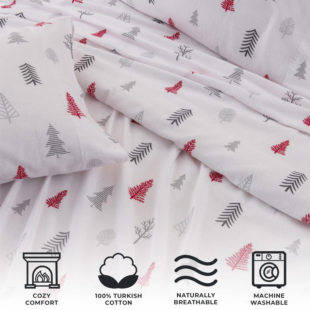 Great Bay Home 3 Piece 100% Turkish Cotton Twin Holiday Flannel Sheet Set | Cotton Christmas Bedding Sheets & Pillowcases | Warm
