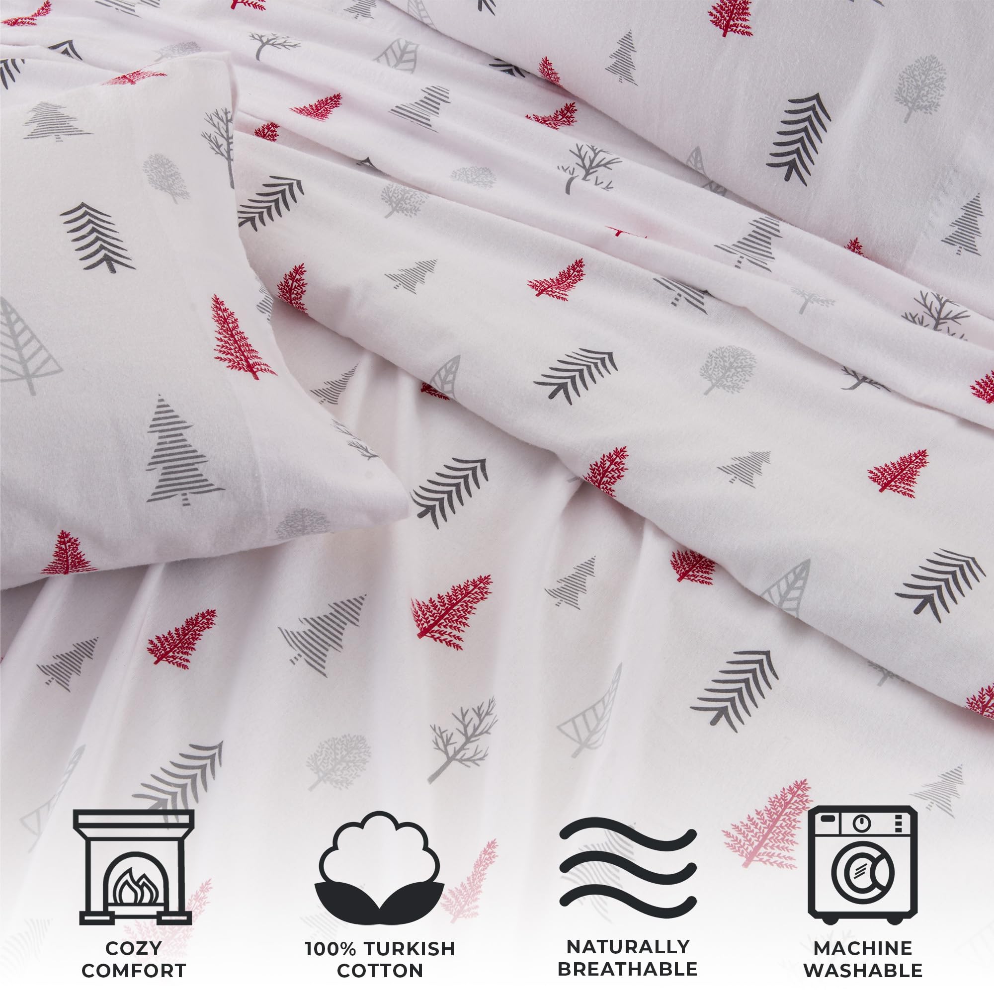 Great Bay Home 4 Piece 100% Turkish Cotton King Holiday Flannel Sheet Set | Cotton Christmas Bedding Sheets & Pillowcases | Warm