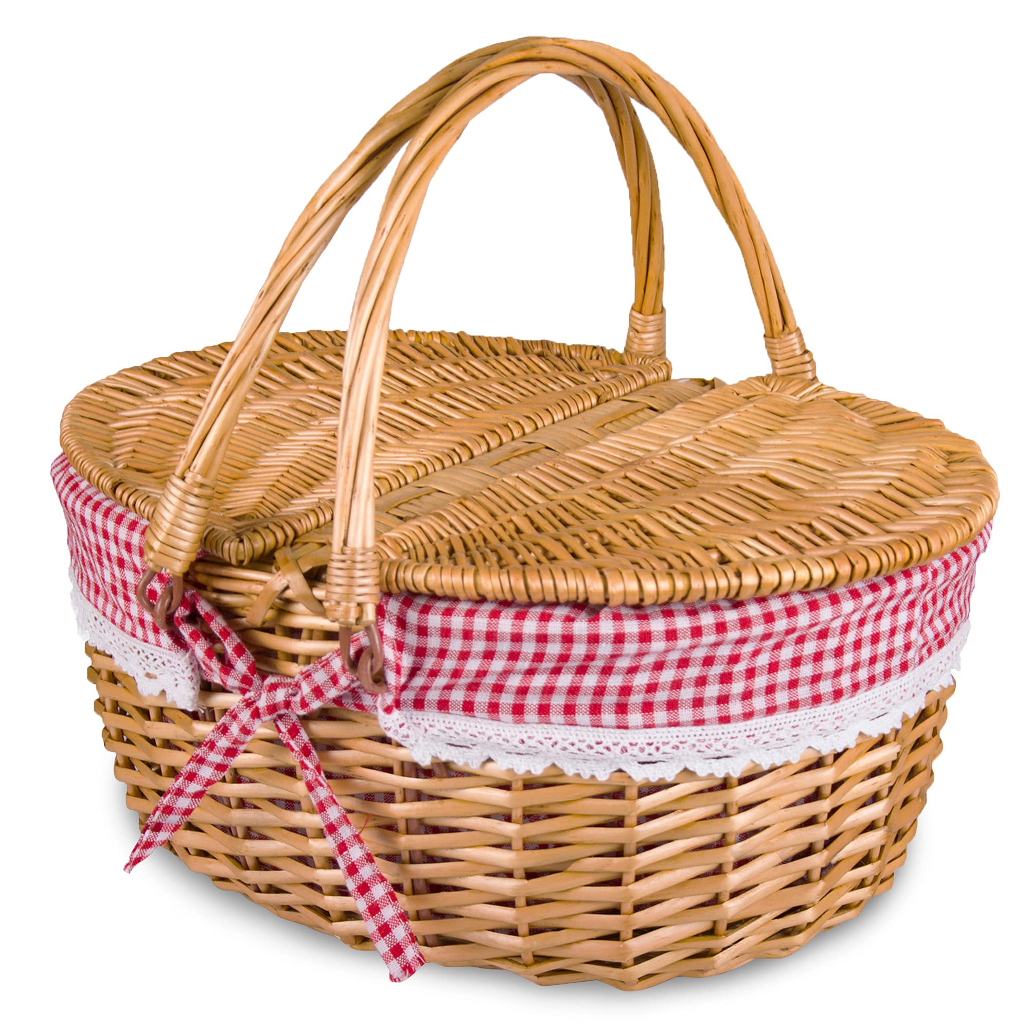 Large Wicker Picnic Basket With Lid And Handle Sturdy Woven Body With Washable Plaids Liner,Red