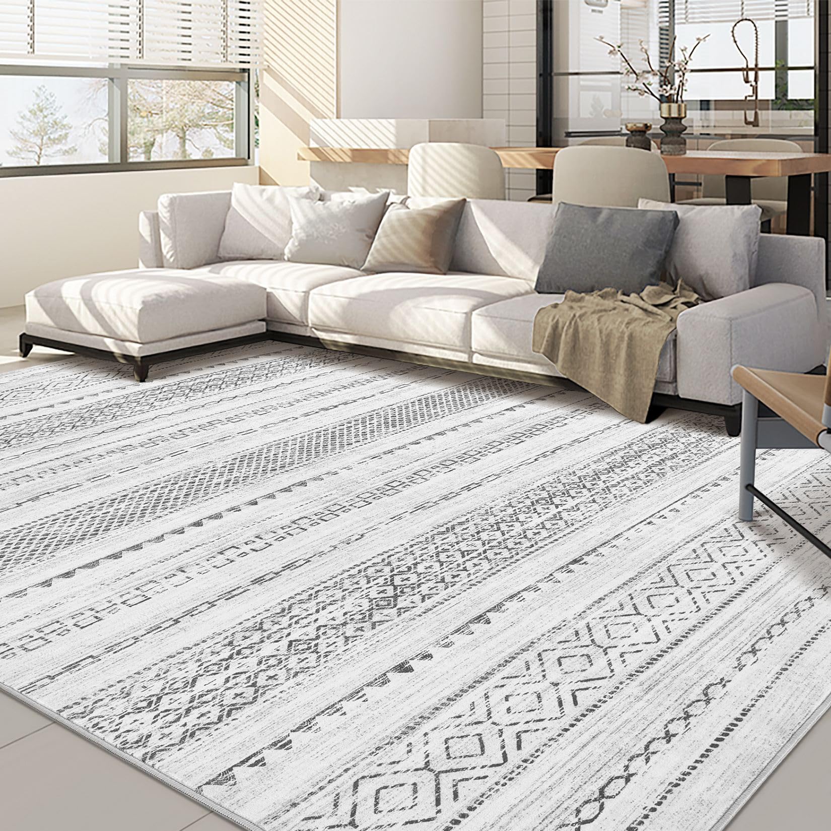Area Rug Living Room Rugs: 6x9 Large Soft Machine Washable Boho Moroccan Farmhouse Neutral Stain Resistant Indoor Floor Rug Carp