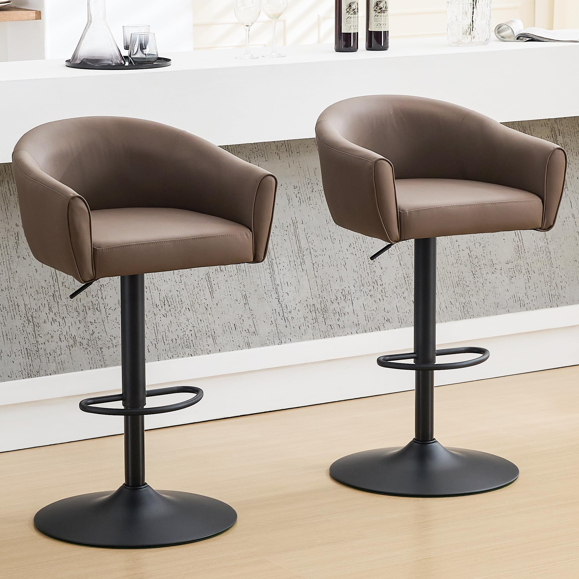 Firavoe Barstools Set Of 2, Swivel Bar Stools With Back And Arms, Adjustable Faux Leather Bar Stools 24 ' To 34 ', Upholstered