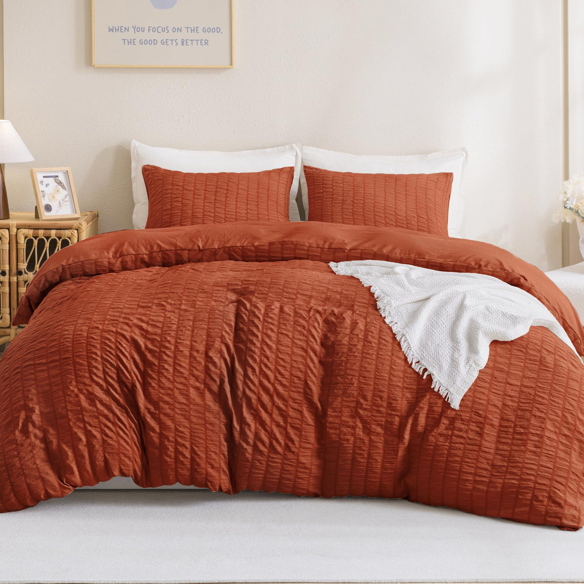 Litanika Burnt Orange Comforter Set Queen Size, 3 Pieces Lightweight Seersucker Bedding Set, Soft Bed Set As Gifts (90X90In Comf