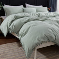 Andency Duvet Cover Queen Size (90X90 Inch), 3 Pieces (1 Solid Sage Green Duvet Cover, 2 Pillowcases) Soft Washed Microfiber Pom