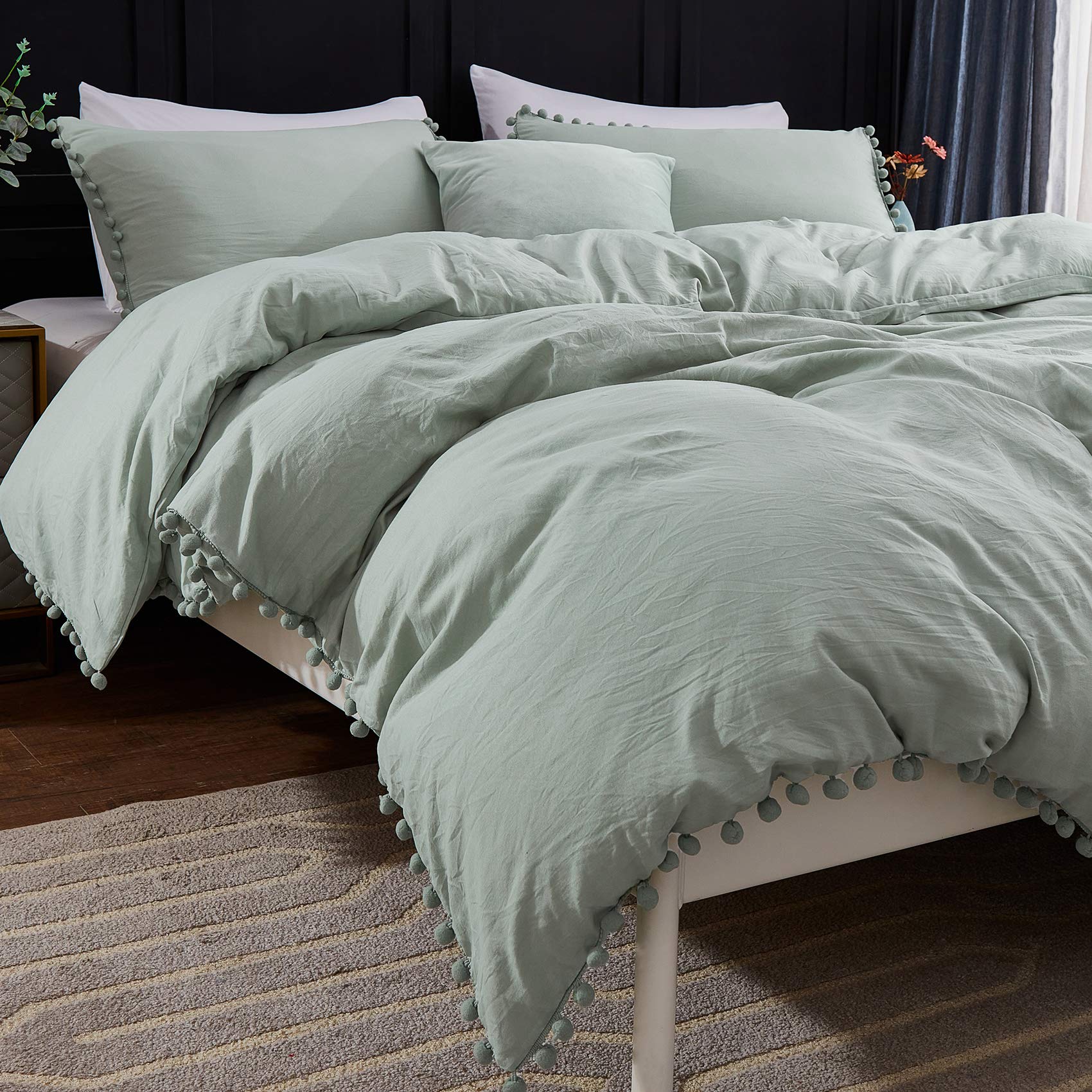 Andency Duvet Cover Queen Size (90X90 Inch), 3 Pieces (1 Solid Sage Green Duvet Cover, 2 Pillowcases) Soft Washed Microfiber Pom