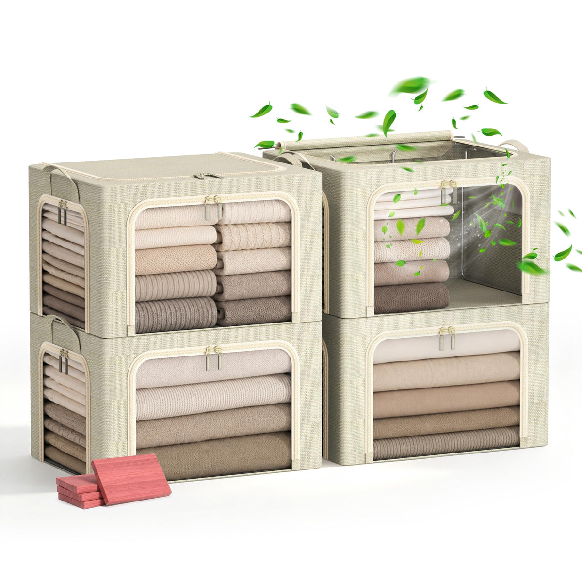 Furnhome 3Side Access Clothes Storage Bins with Metal Frame, Foldable Fabric Storage Boxes with Cedar Block,Clear Windows, Zipp