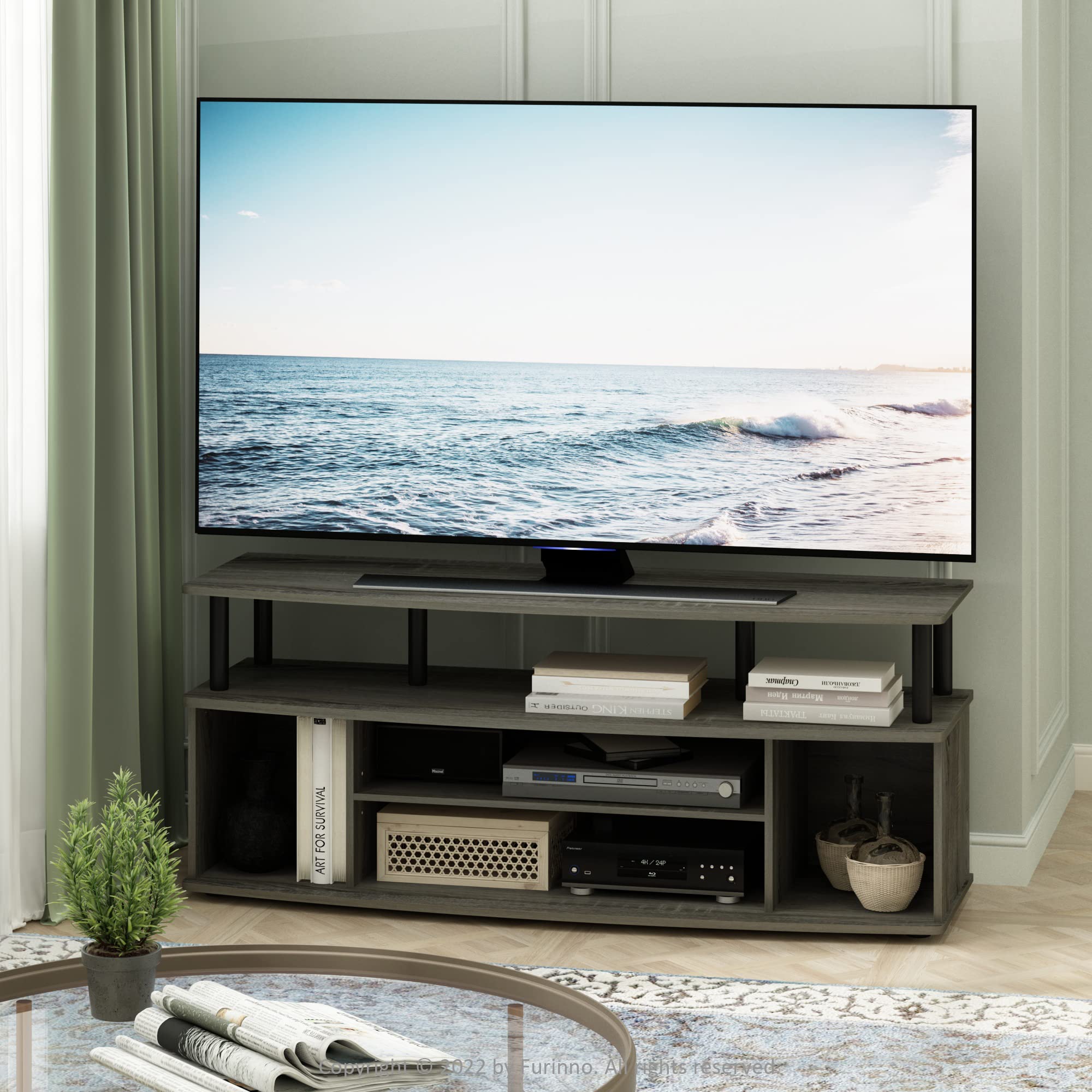 Furinno Large Entertainment Center Hold up to 55-in TV, Wood, French Oak/Black, 40.1 (D) x 119.9 (W) x 49.8 (H) cm