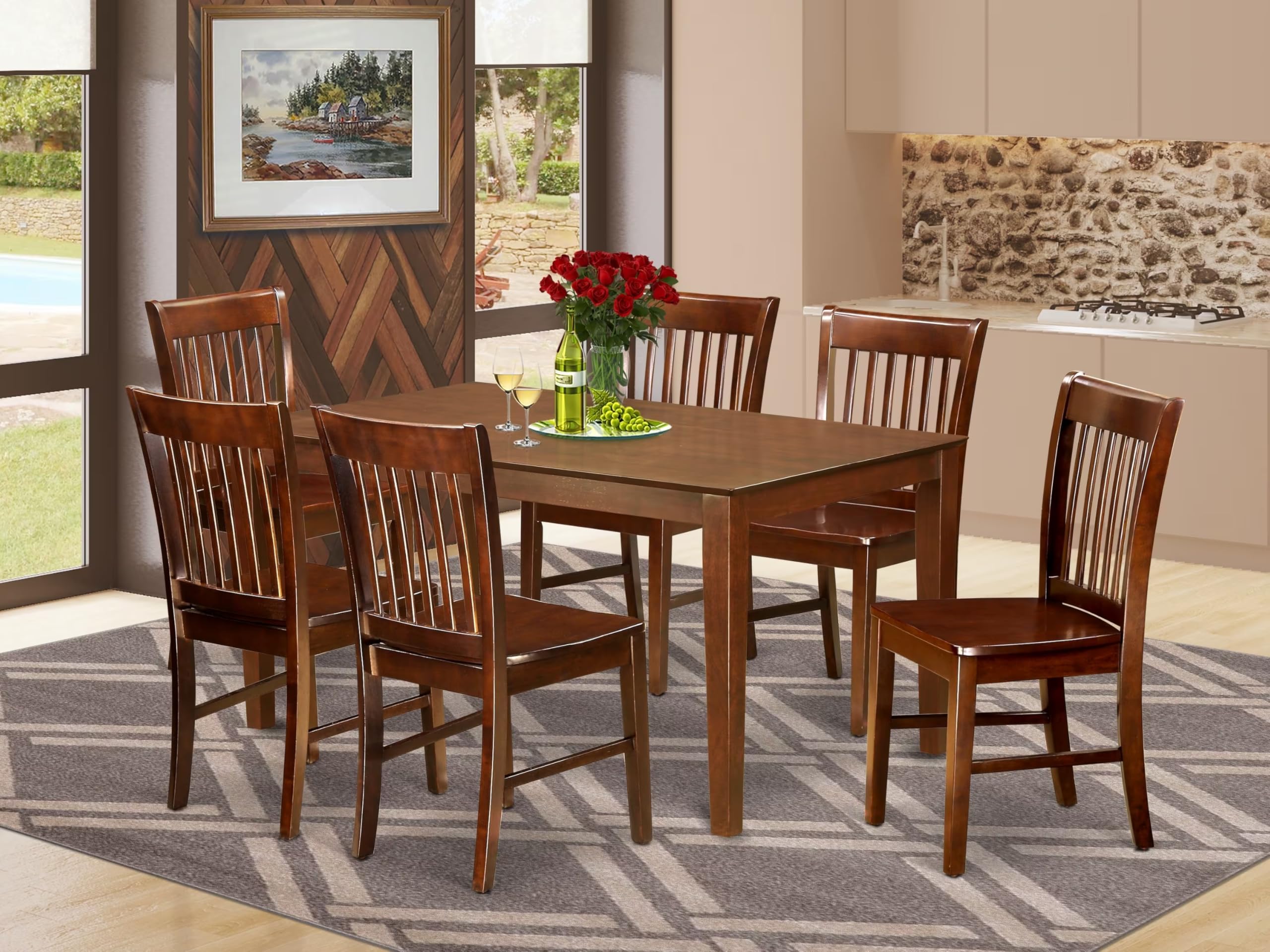 East West Furniture CANO7-MAH-W 7 Piece Dining Set Consist of a Rectangle Dinner Table and 6 Kitchen Dining Chairs, 36x60 Inch, Mahogany