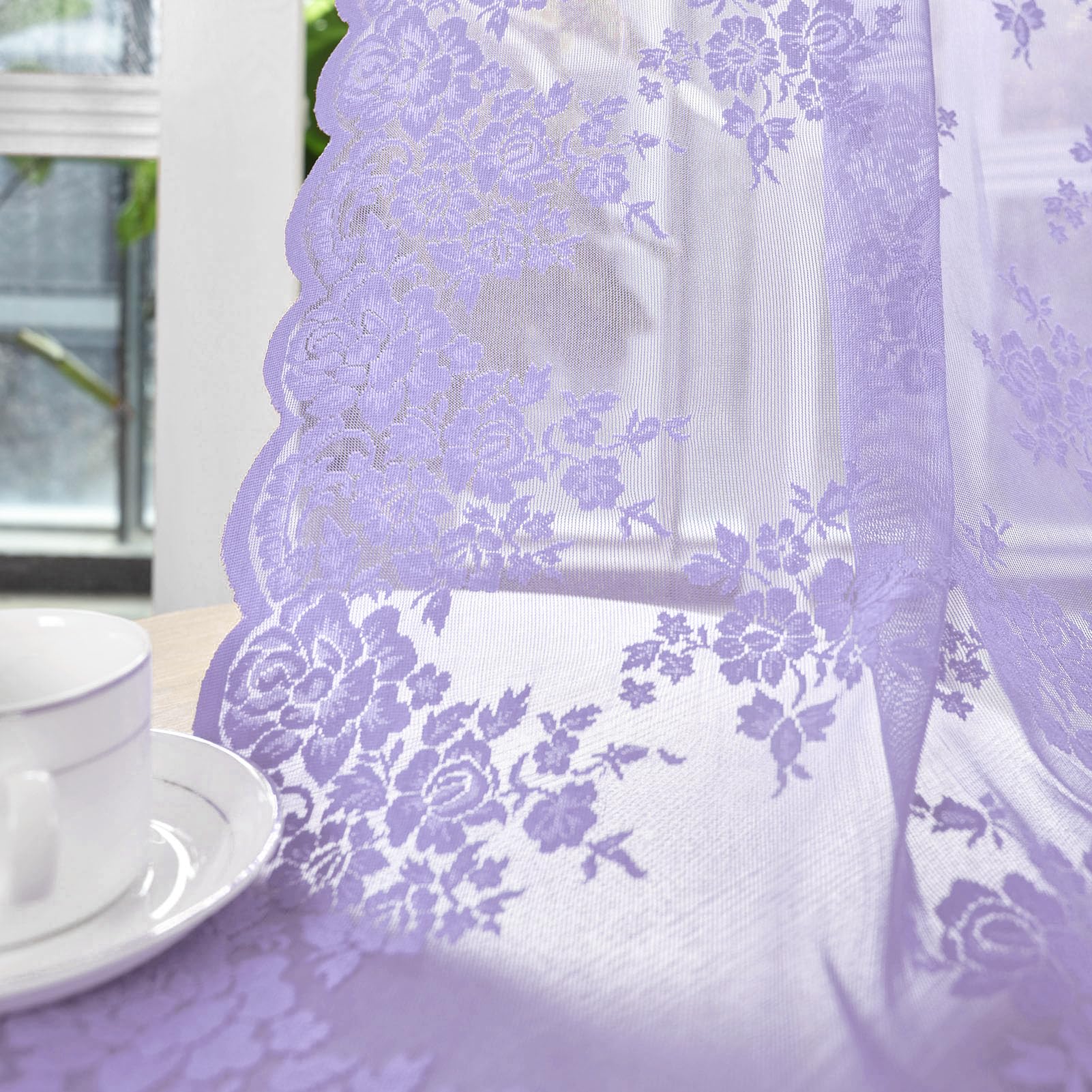 Kotile Light Purple Lace Curtains 54 Inch Length, 2 Panels, W42 x L54 Inch Each, Country Rustic Floral Vintage Sheer Curtains fo