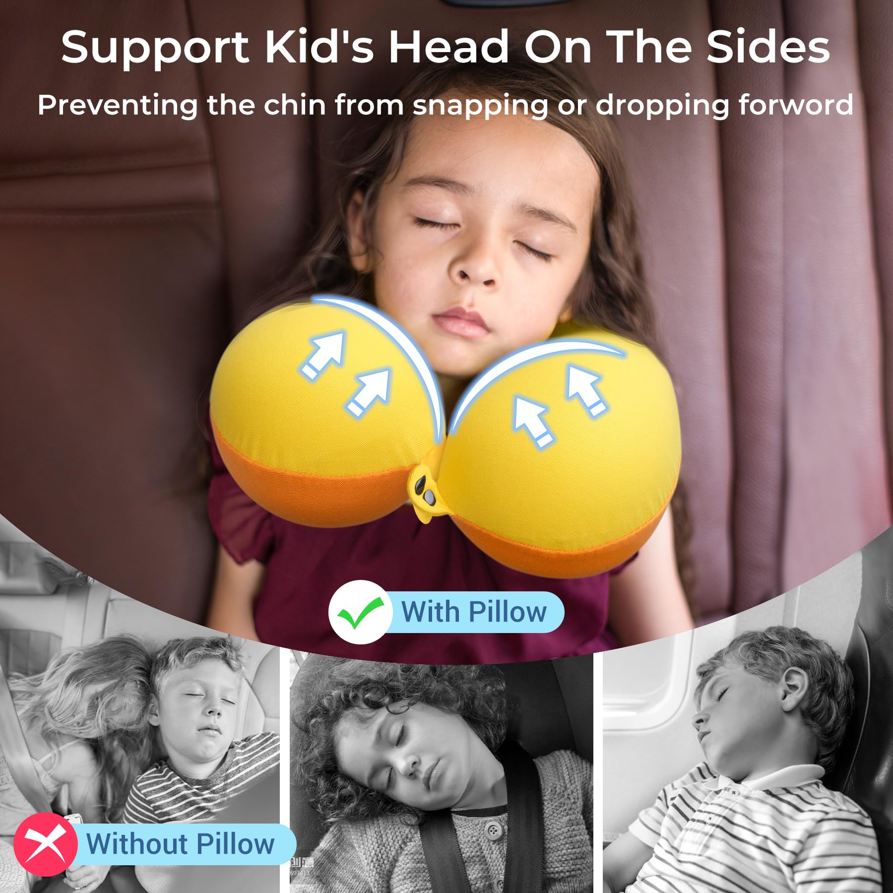 Coolbebe Kids Travel Neck Pillow, Toddler Neck Pillow For Traving, Softly Double Support Neck Pillow For Car & Airplane, Traveling Gifts For Toddler & Children(1, Yellowish Orange)