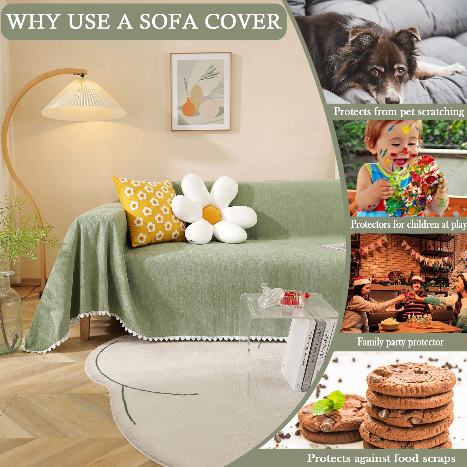 Handontime Couch Cover, Sofa Covers, Sage Couch Cushion Cover Dog Furniture Protector For Living Room Chenille Couch Throw Cover Soft Thick Machine Washable Throw Blankets Sofa Slipcovers, 71' X134'
