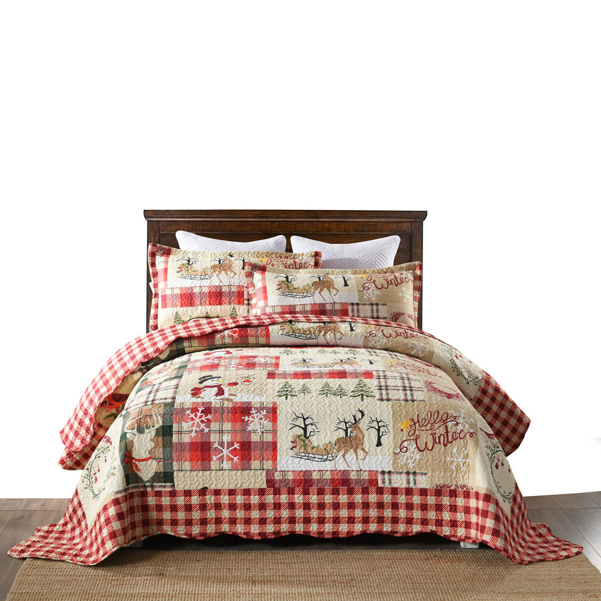 Marcielo 3 Piece Christmas Quilt Set, Rustic Lodge Deer Quilt Bedspread Throw Blanket Lightweight Bedspread Coverlet Comforter S