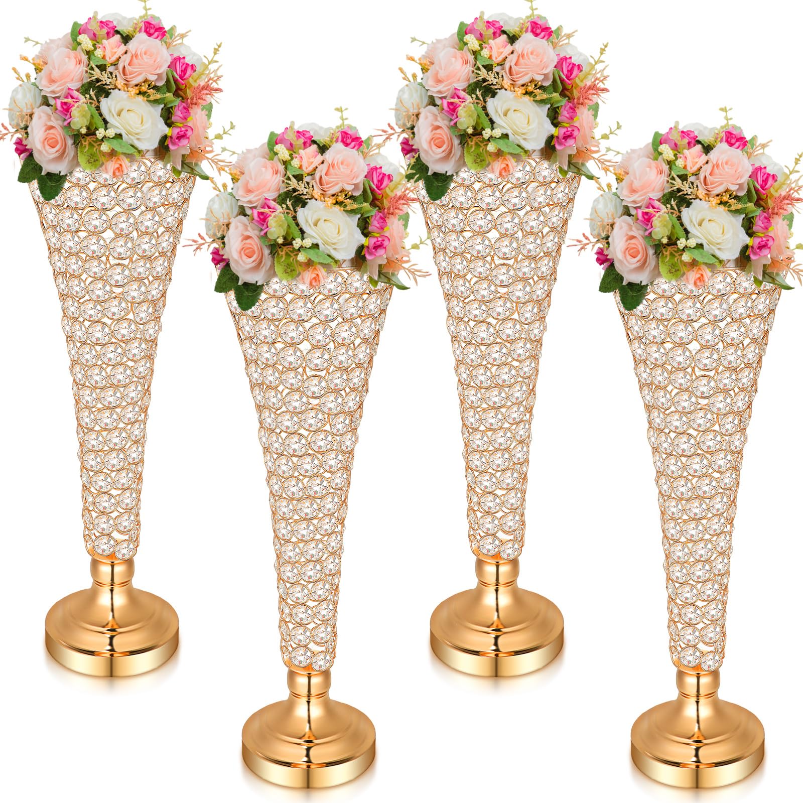 Rtteri 4 Pcs Crystal Trumpet Flower Vase 20 Inch Tall Wrought Iron Crystal Vase Flower Stand Centerpieces Wedding Table Vases De