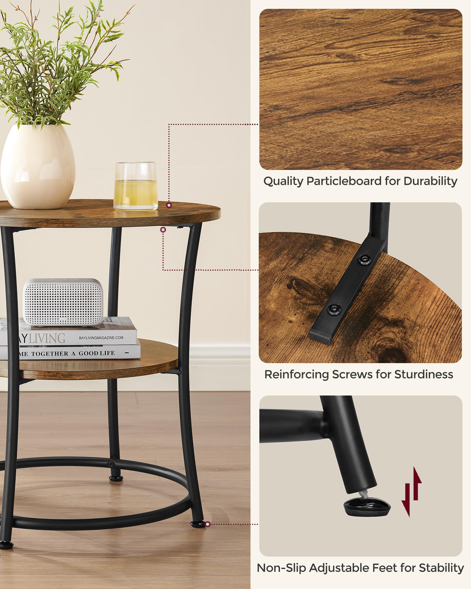 Vasagle Side Table, Round End Table With 2 Storage Shelves For Living Room, Bedroom, Nightstand With Steel Frame For Small Spaces, Accent Coffee Table, Rustic Brown And Ink Black
