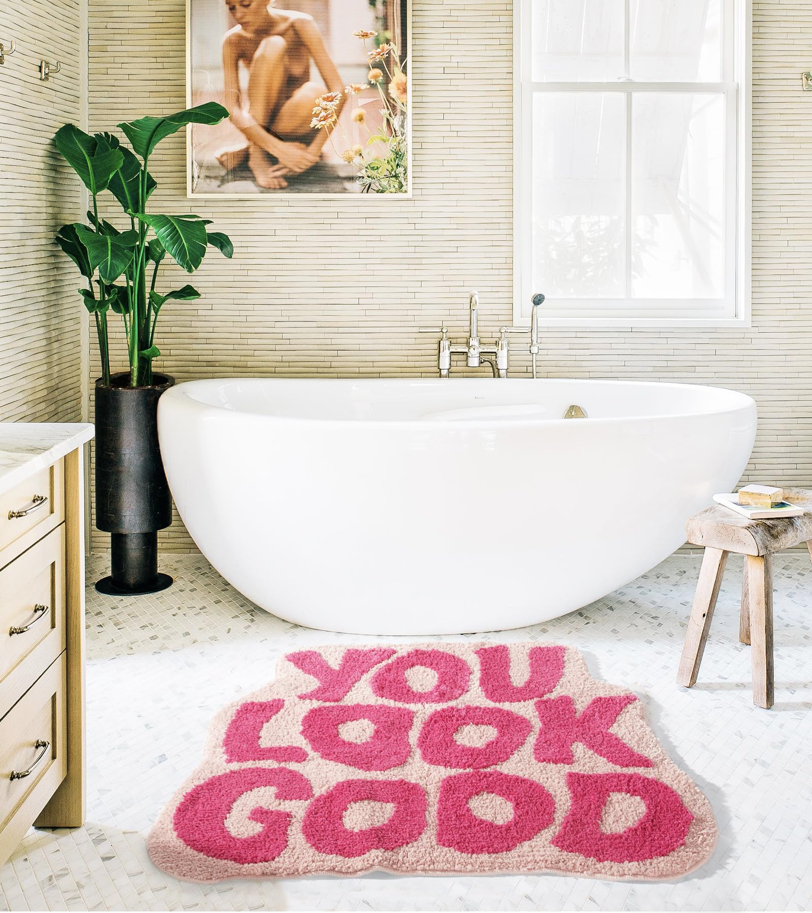 Dyefury You Look Good Bath Mat Pink, Cute Bathroom Rugs For Girls Fun Funny Funky Rug Bedroom Pink Preppy Bathroom Decor Hello B