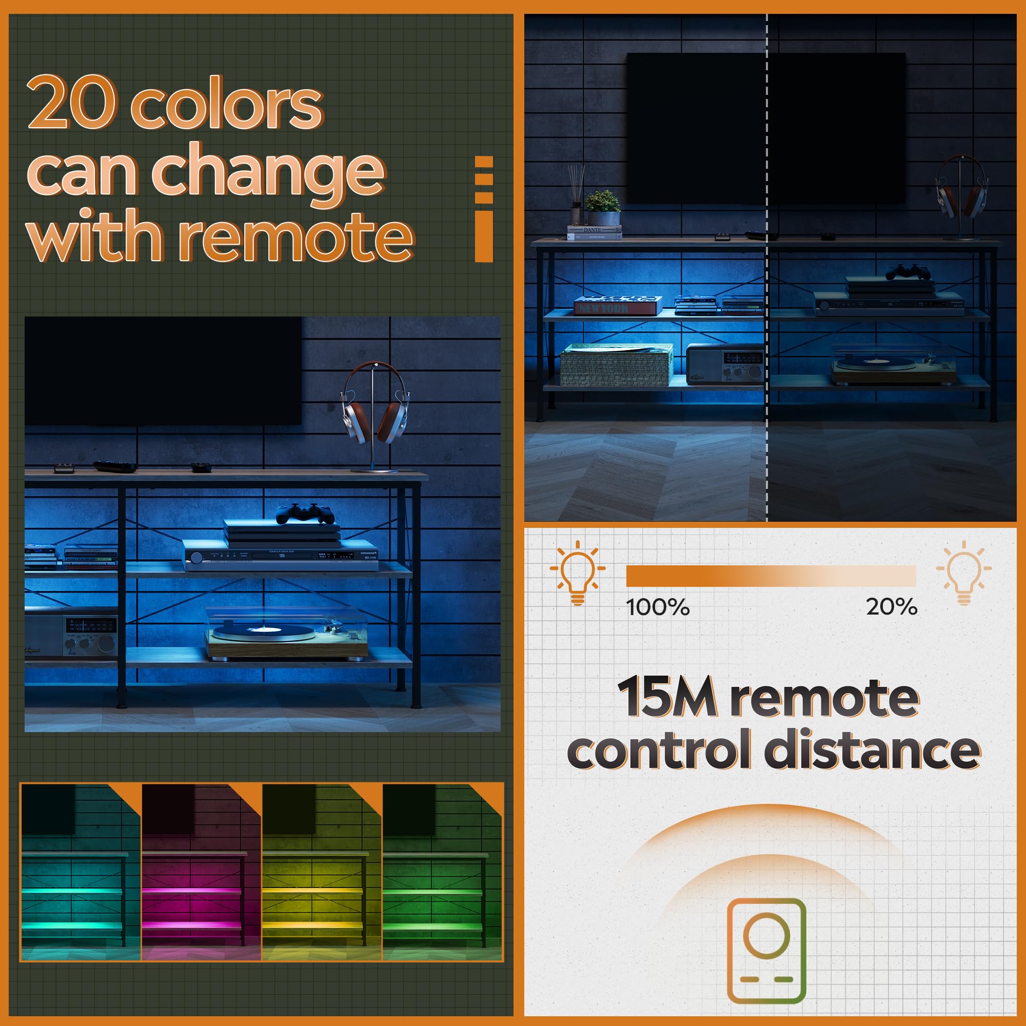 Wlive Tv Stand Up To 70 Inch Tv, 63' Entertainment Center With Led, Tv Media Console With 3-Tier Storage Shelves For Living Room And Bedroom, Greige