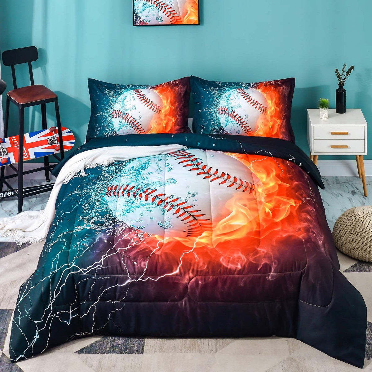 Andency Baseball Comforter Set Queen(90X90 Inch), 3 Pieces(1 Baseball Comforter, 2 Pillowcases) Sport Microfiber Comforter Set B