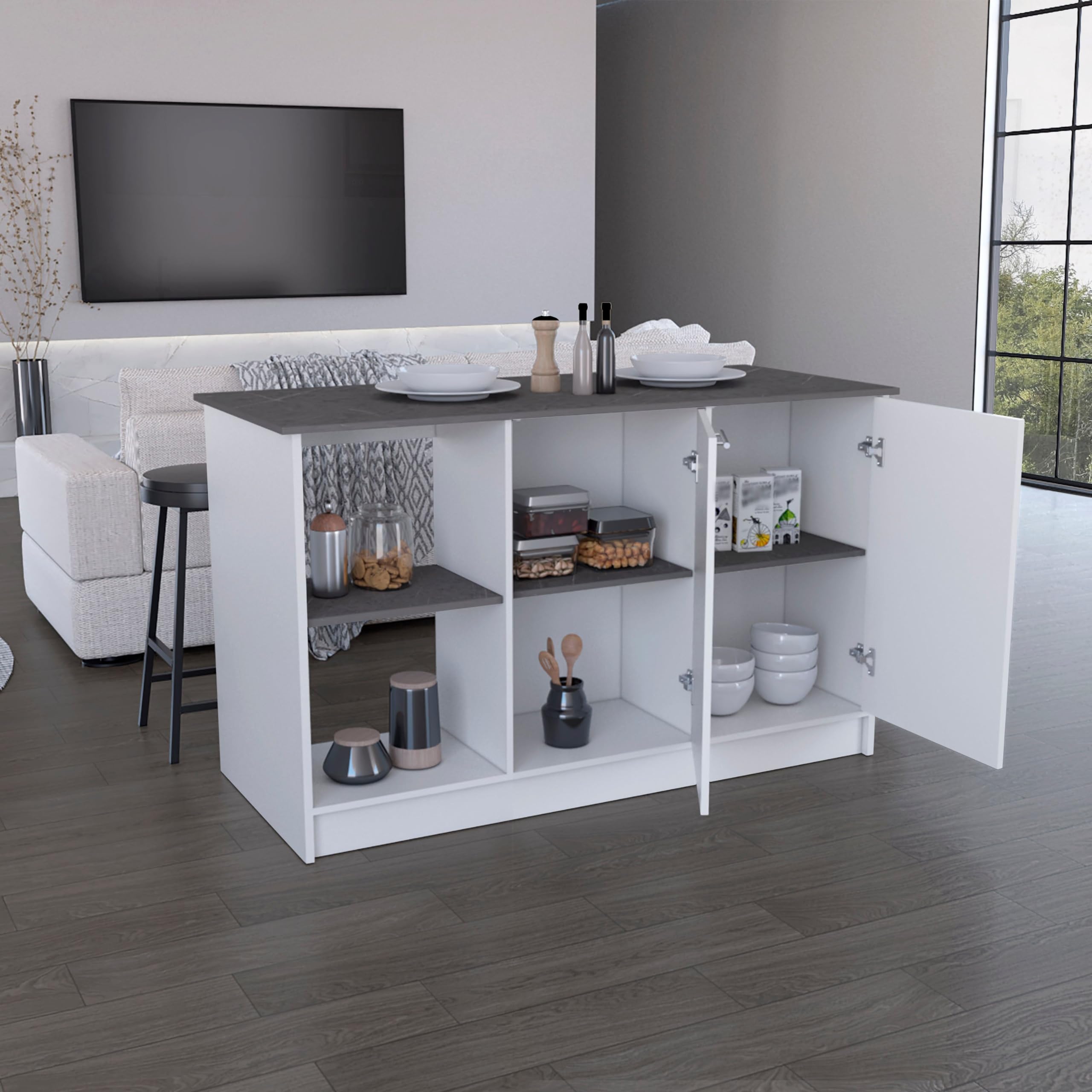 Depot E-Shop Coral Kitchen Island With Large Countertop, Open Storage Shelves And Double Door Cabinet, White/Onyx