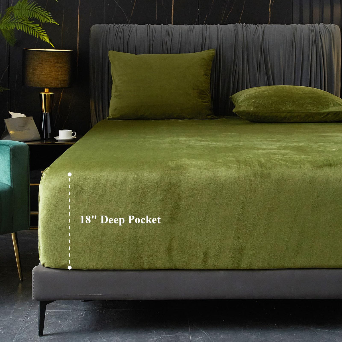 Ivellow Velvet Fitted Sheet King Size, 1 Pack Luxury Green Velvet Sheets With 18    Extra Deep Pocket King Fitted Sheet Only Ext