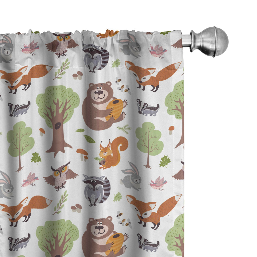 Ambesonne Forest Window Curtains, Doodle Woodland Creatures as Honey Bear Rabbit Fox and Raccoon in Nature Habitat, Lightweight 
