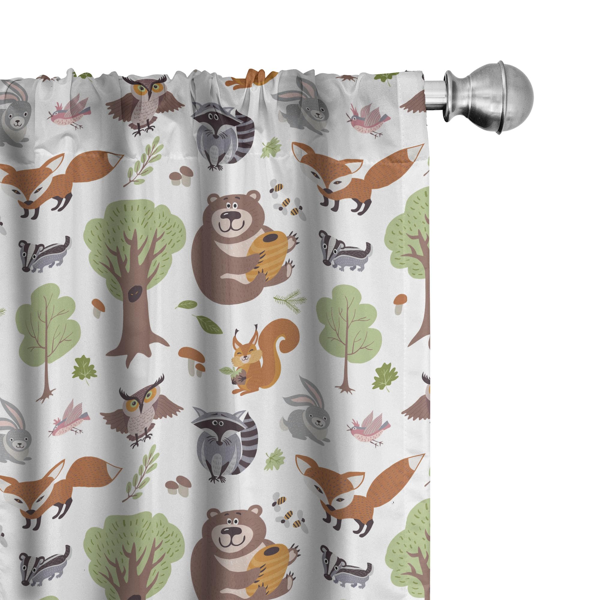 Ambesonne Forest Window Curtains, Doodle Woodland Creatures as Honey Bear Rabbit Fox and Raccoon in Nature Habitat, Lightweight 
