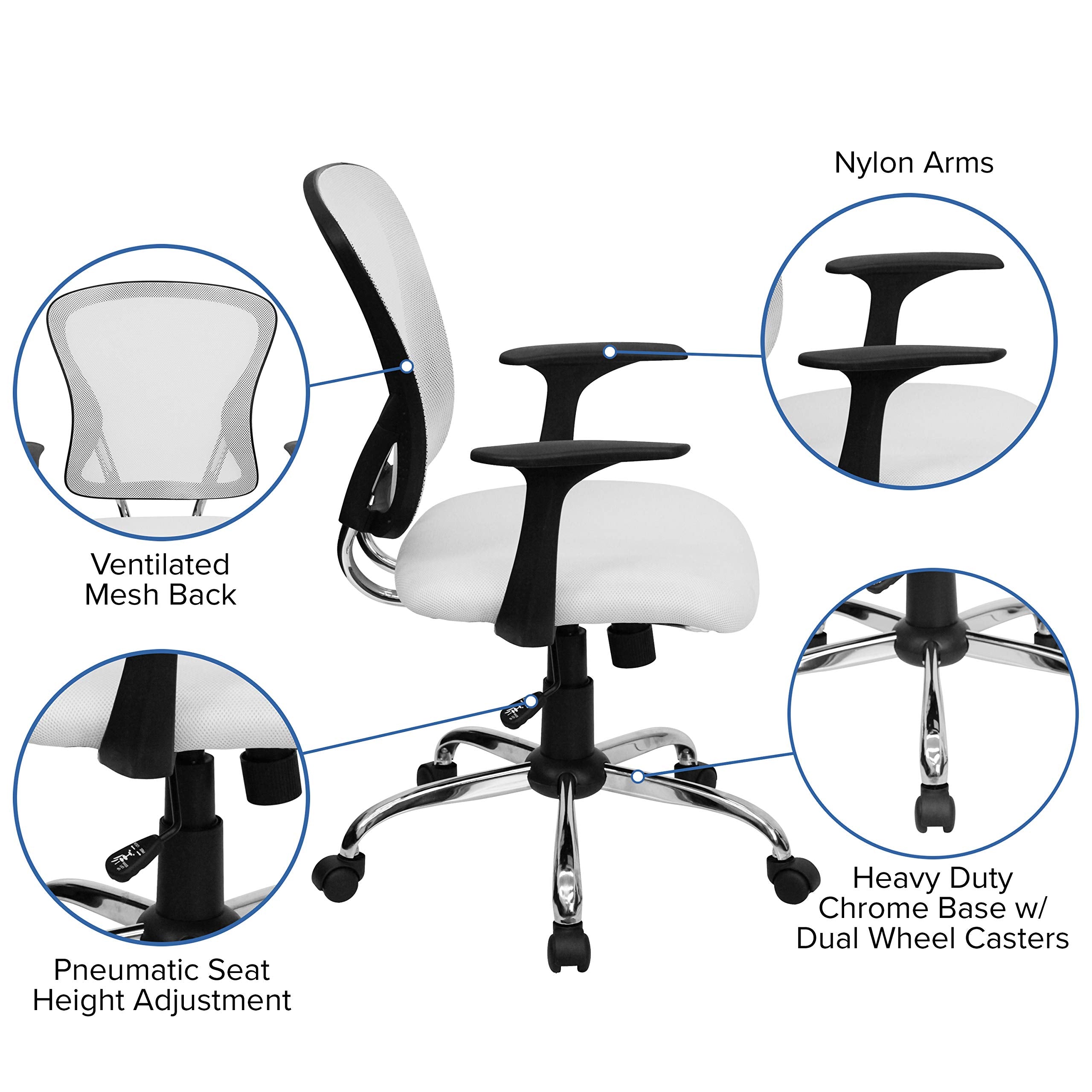 Flash Furniture Alfred Mid-Back White Mesh Swivel Task Office Chair with Chrome Base and Arms