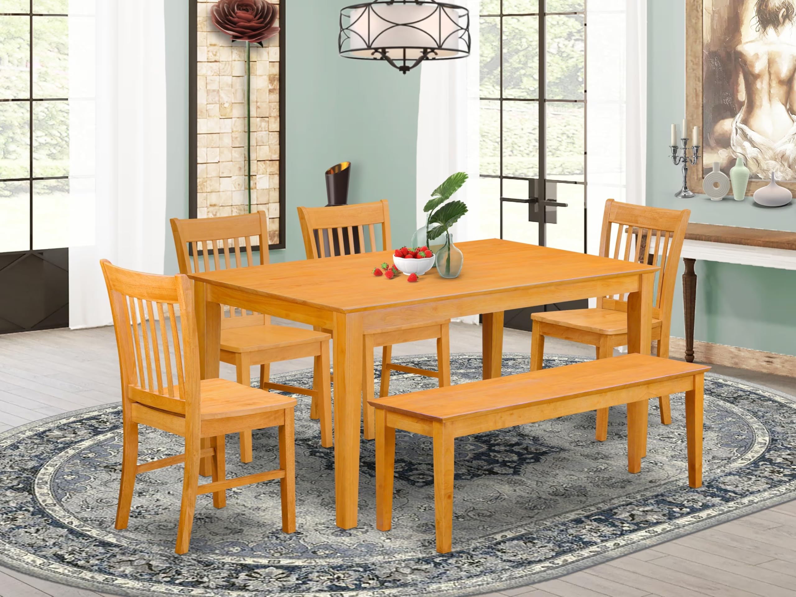 East West Furniture CANO6-OAK-W Capri 6 Piece Room Furniture Set Contains a Rectangle Kitchen Table and 4 Dining Chairs with a Bench, 36x60 Inch