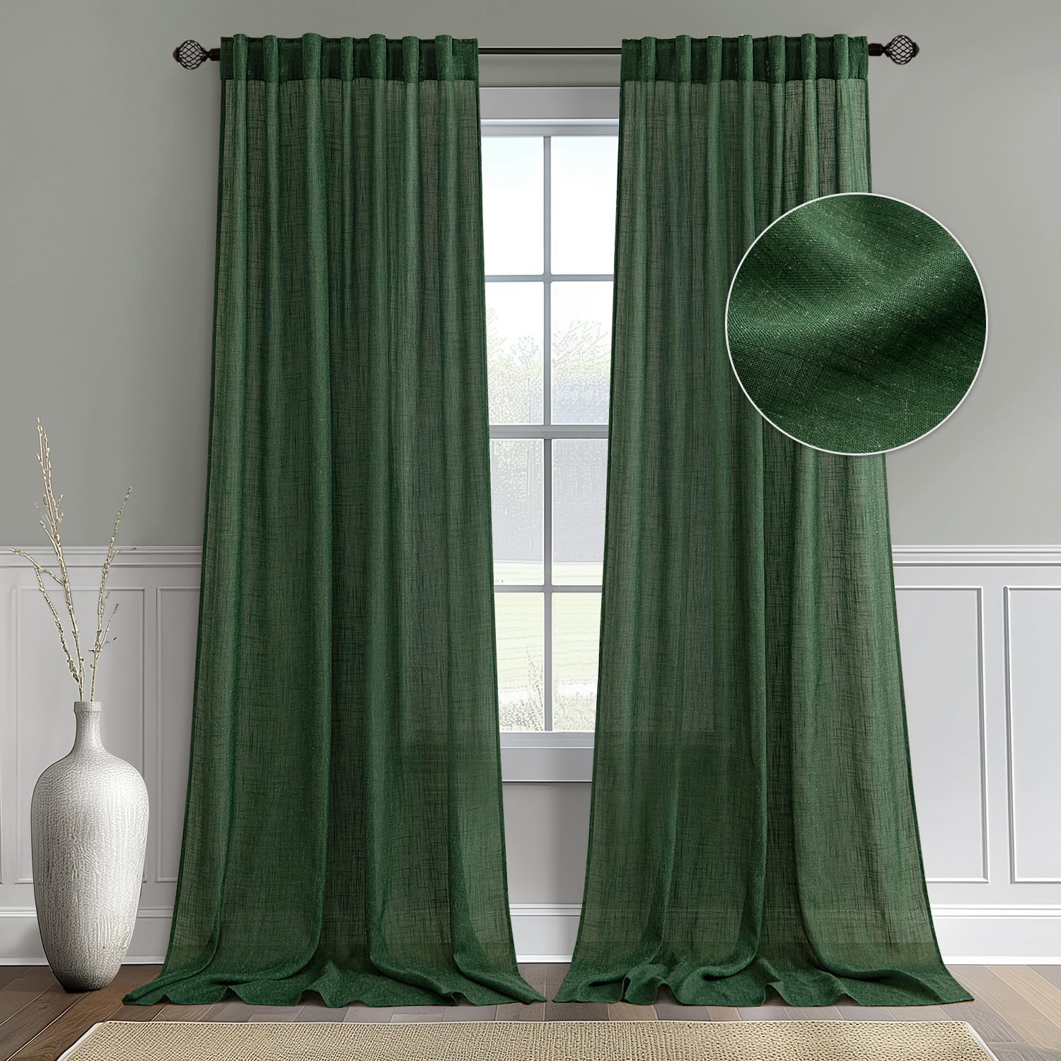 Miulee Linen Curtains 90 Inch Length For Living Room 2 Panels, Hunter Green Back Tab Pocket Light Filtering Semi Sheer Soft Line