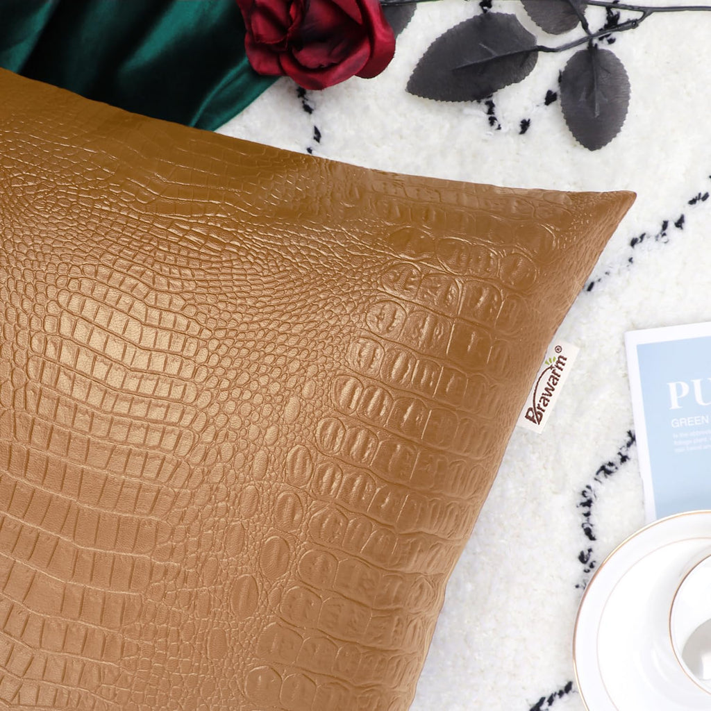 Brawarm Faux Leather Pillow Covers 20 X 20 Inches, Tan Leather Pillow Covers Pack Of 2, Crocodile Leather Decorative Throw Pillo