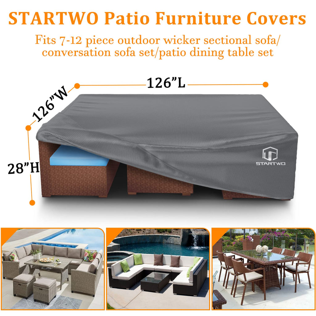 Startwo Patio Furniture Covers Waterproof-126'X126'X28', Patio Lawn Cover For Outdoor 7-12 Piece Sectional Sofa, Conversation Set Garden Dining Tables/Chairs Set,Grey