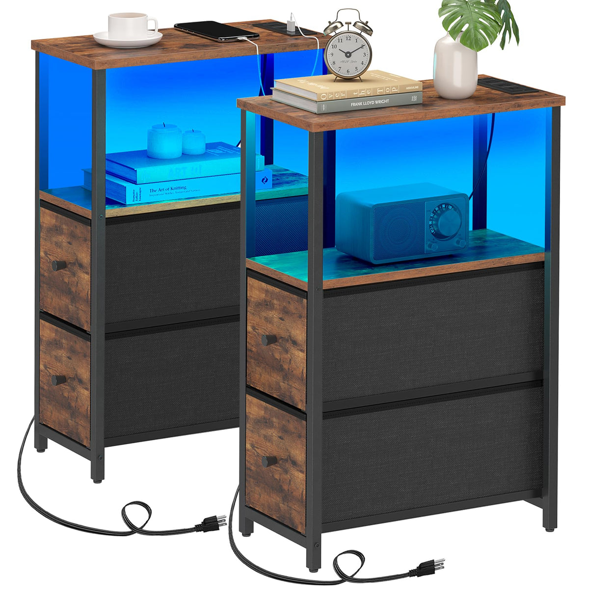 Tutotak Small Narrow Led End Table With Charging Station, Side Table Outlets, Nightstand With 2 Cloth Drawers, Set Of 2, Couch Table, For Living Room, Bedroom, Bedside, Brown Tb01Bb056
