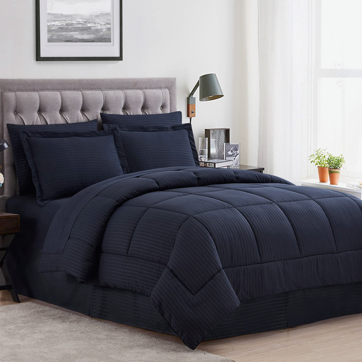 Sweet Home Collection Queen Comforter Set Bedding Comforter Sets For Queen Bed Bed In A Bag, Queen, Dobby Navy, (Pack Of 3)