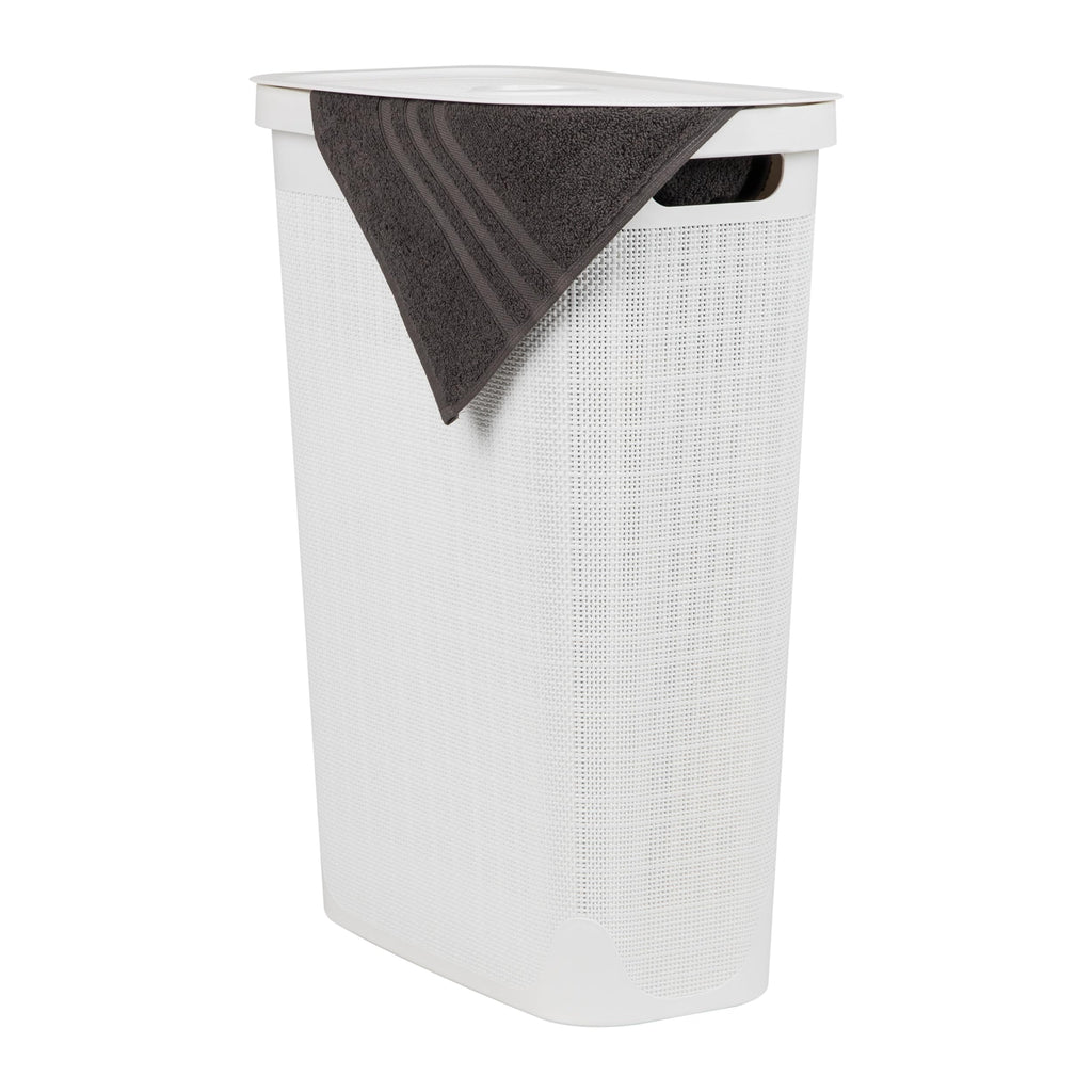Mind Reader 40L Slim Laundry Hamper, Clothes Basket, Lid, Linen Design, Plastic, 18.5   L x 10.75   W x 23.5   H, White