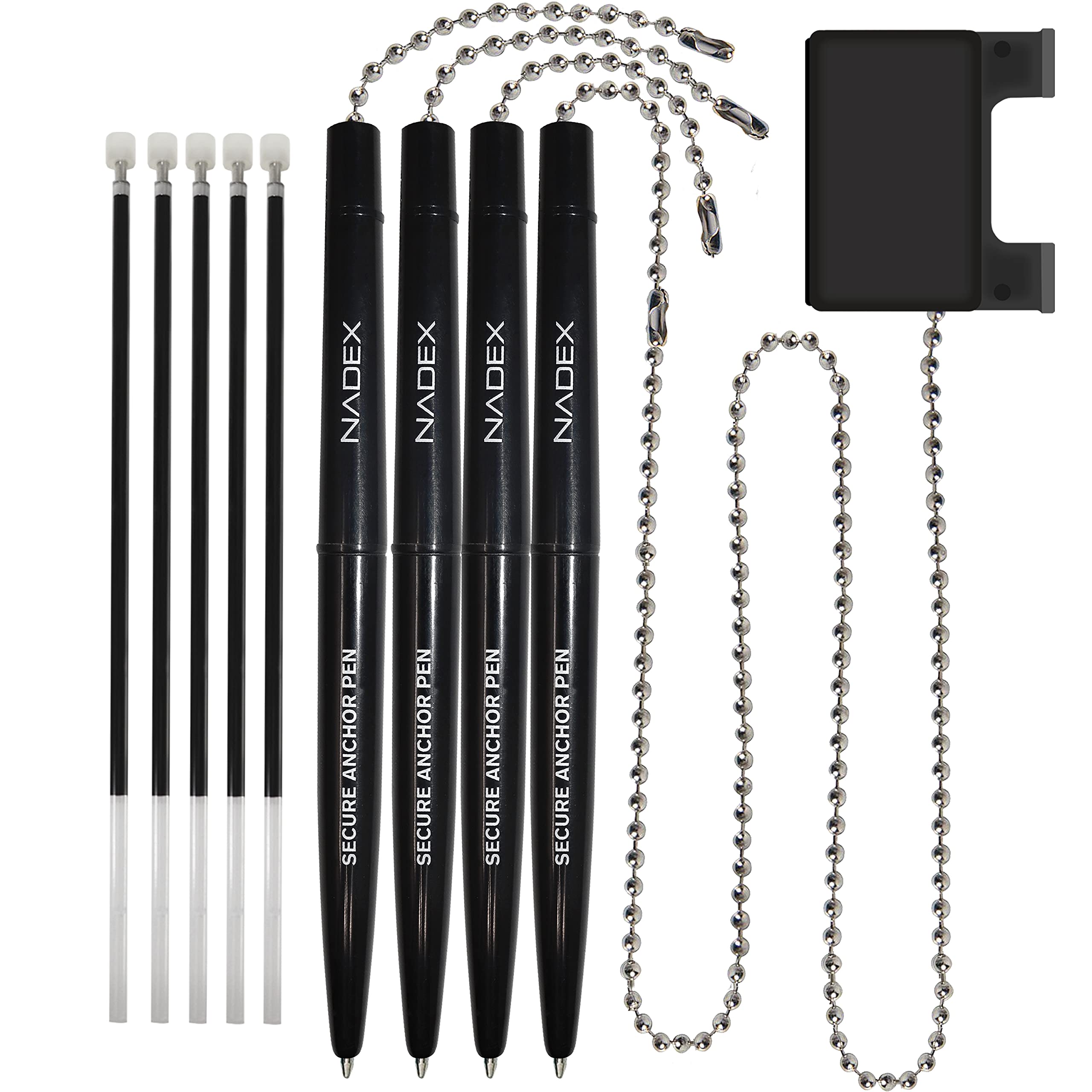 Nadex Pen With Security Chain And Base Mount | Set Of 4 Pens, 1 Adhesive Mount, And 5 Refills (Black)