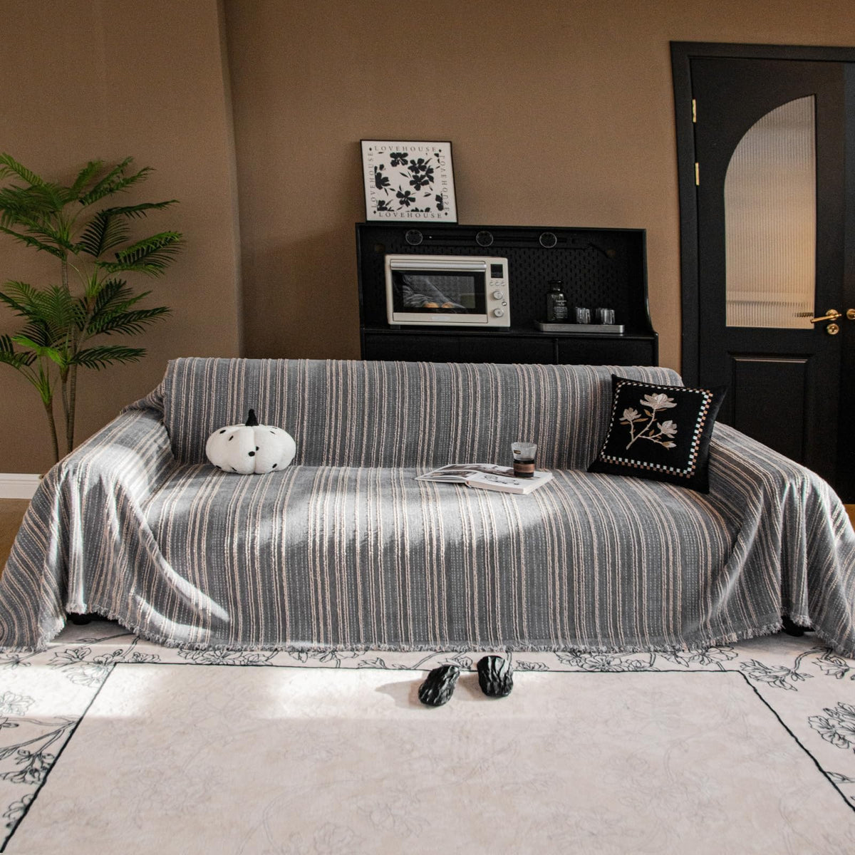 Handontime Sofa Covers Washable Couch Cover For Pets Striped Dark Grey Couch Covers For 3 Cushion Couch Sofa Pet Friendly Khaki