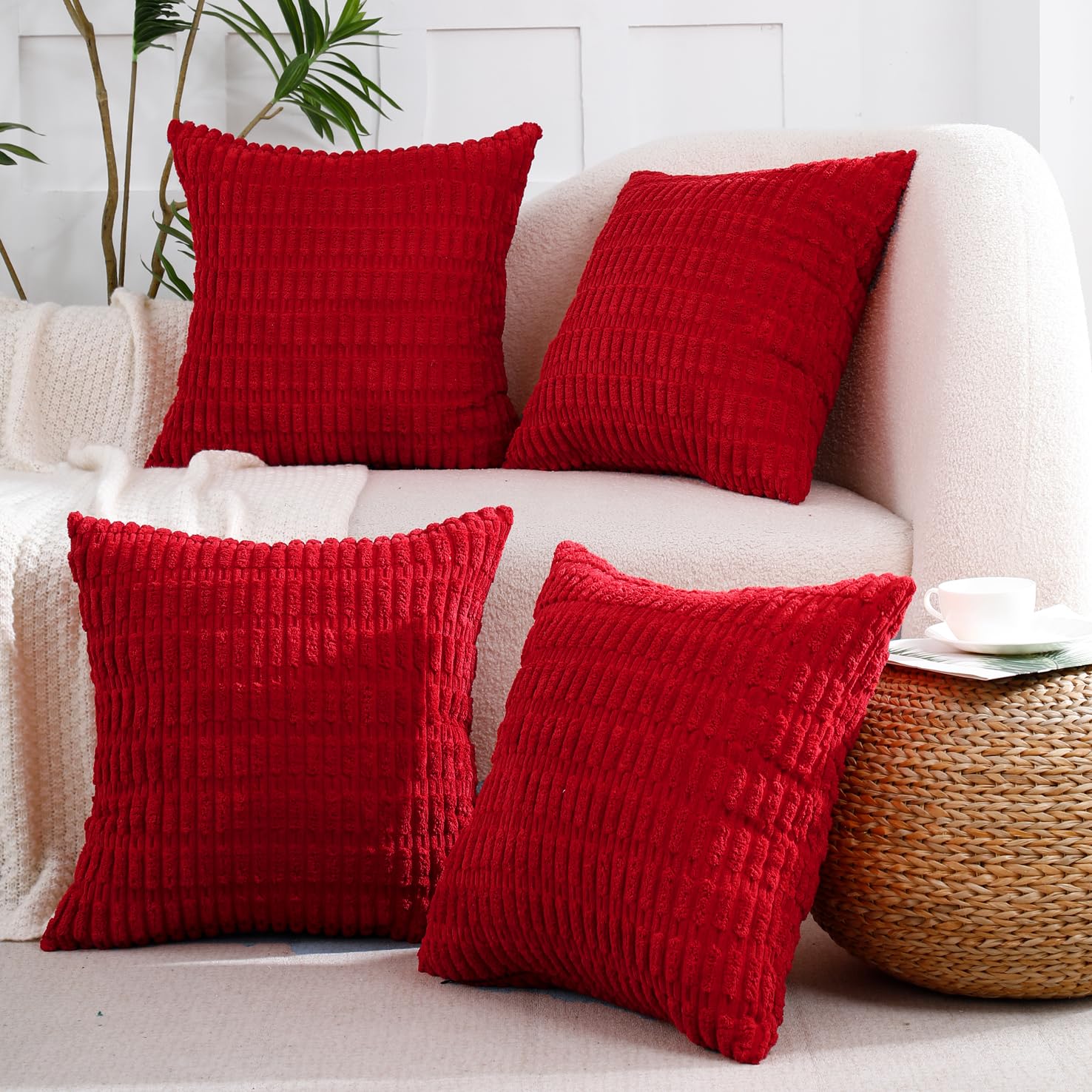 All Smiles Christmas Red Decorative Throw Pillow Covers 16X16 Set Of 4 Farmhouse Home Corduroy Square Cushion Case For Decor Liv