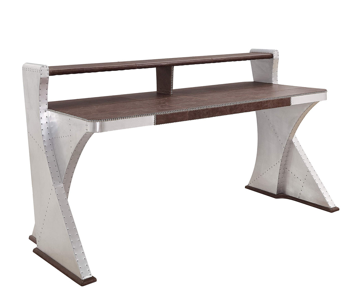 Acme Brancaster Desk in Retro Brown Top Grain Leather and Aluminum