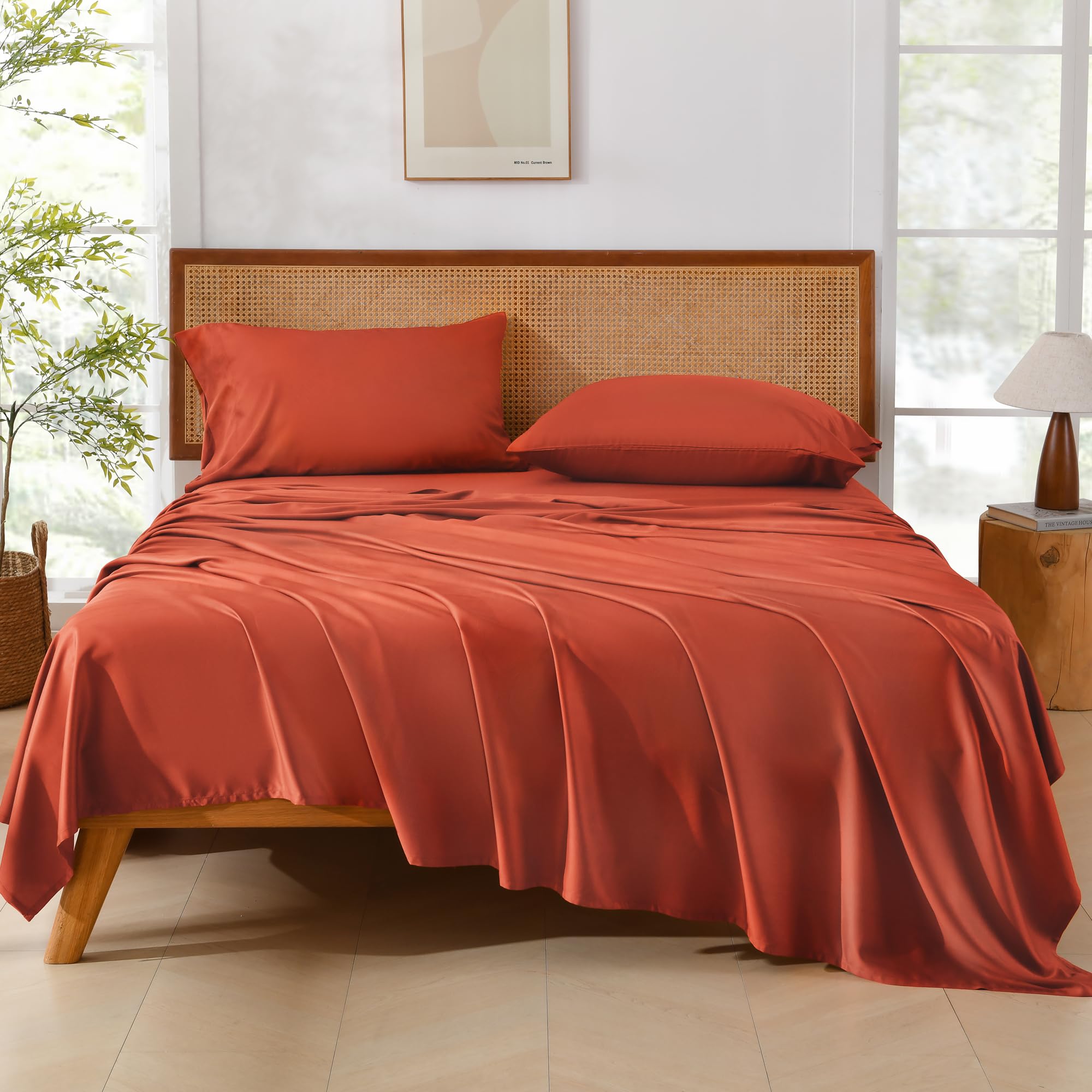 Andency Orange Queen Sheets Set, 100% Viscose Derived From Bamboo, Cooling Bed Sheets Queen Size, Deep Pocket Up To 16', Silky Soft Sheets, Hotel Luxury Breathable Bedding Sheets & Pillowcases…