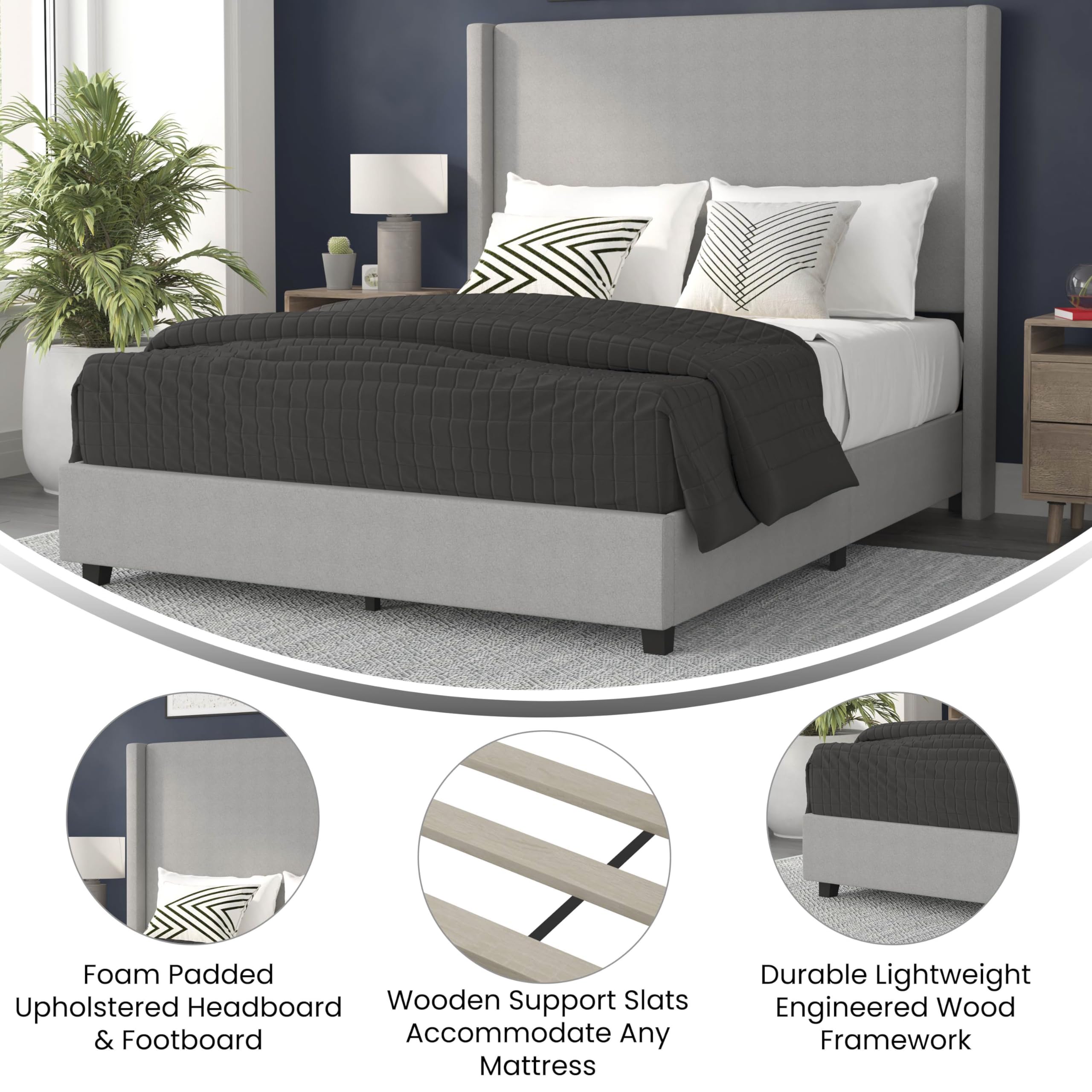 Flash Furniture Quinn Upholstered Platform Bed - Gray Channel Stitched Wingback Headboard - Queen - Mattress Foundation with Slatted Supports - No Box Spring Needed