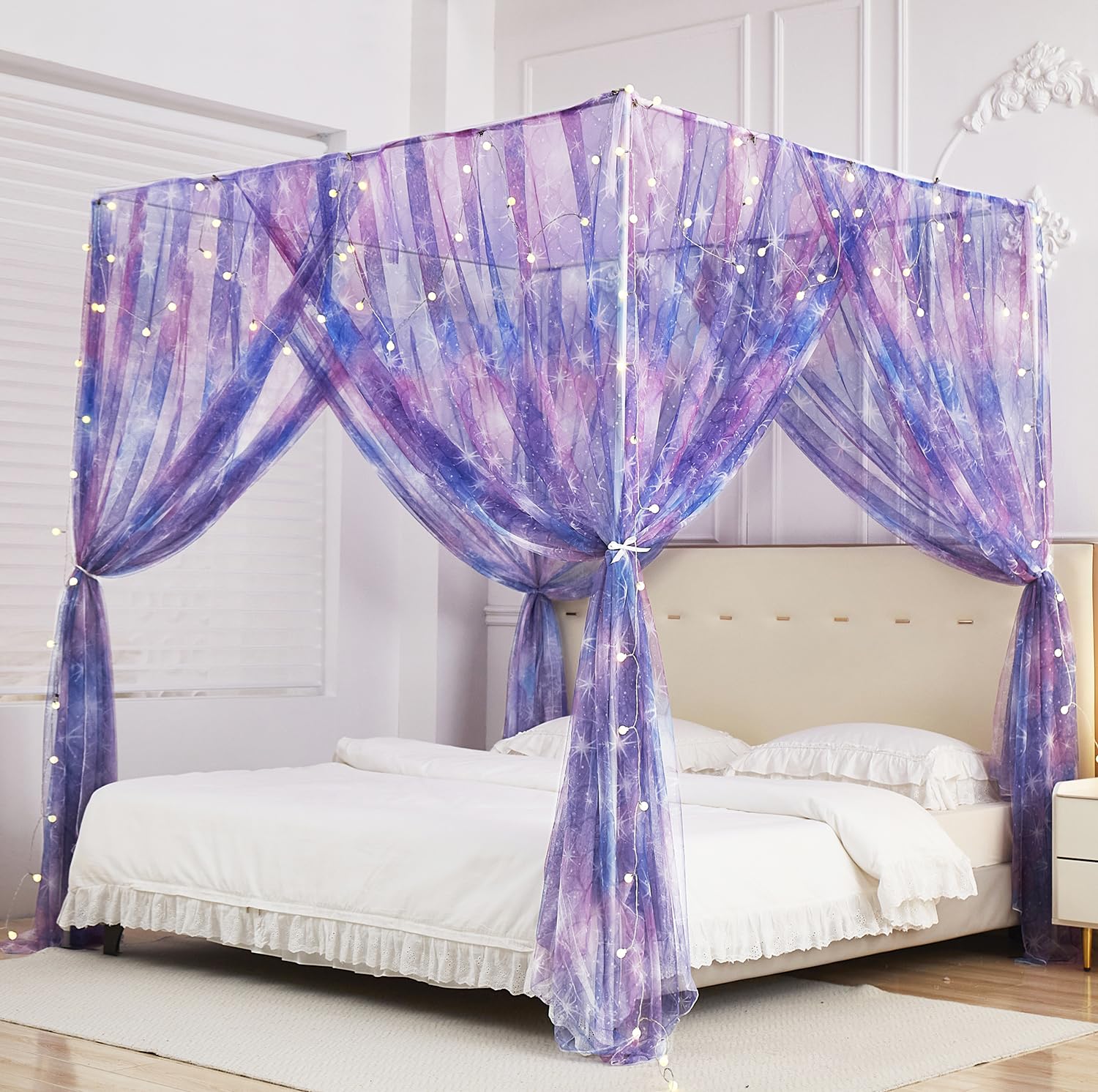 Mengersi Tie Dye Canopy Bed Curtains with Lights,Gradient Ombre Bed Canopy for Girls,Princess Bed Drapes for Girls Room Decor(Qu