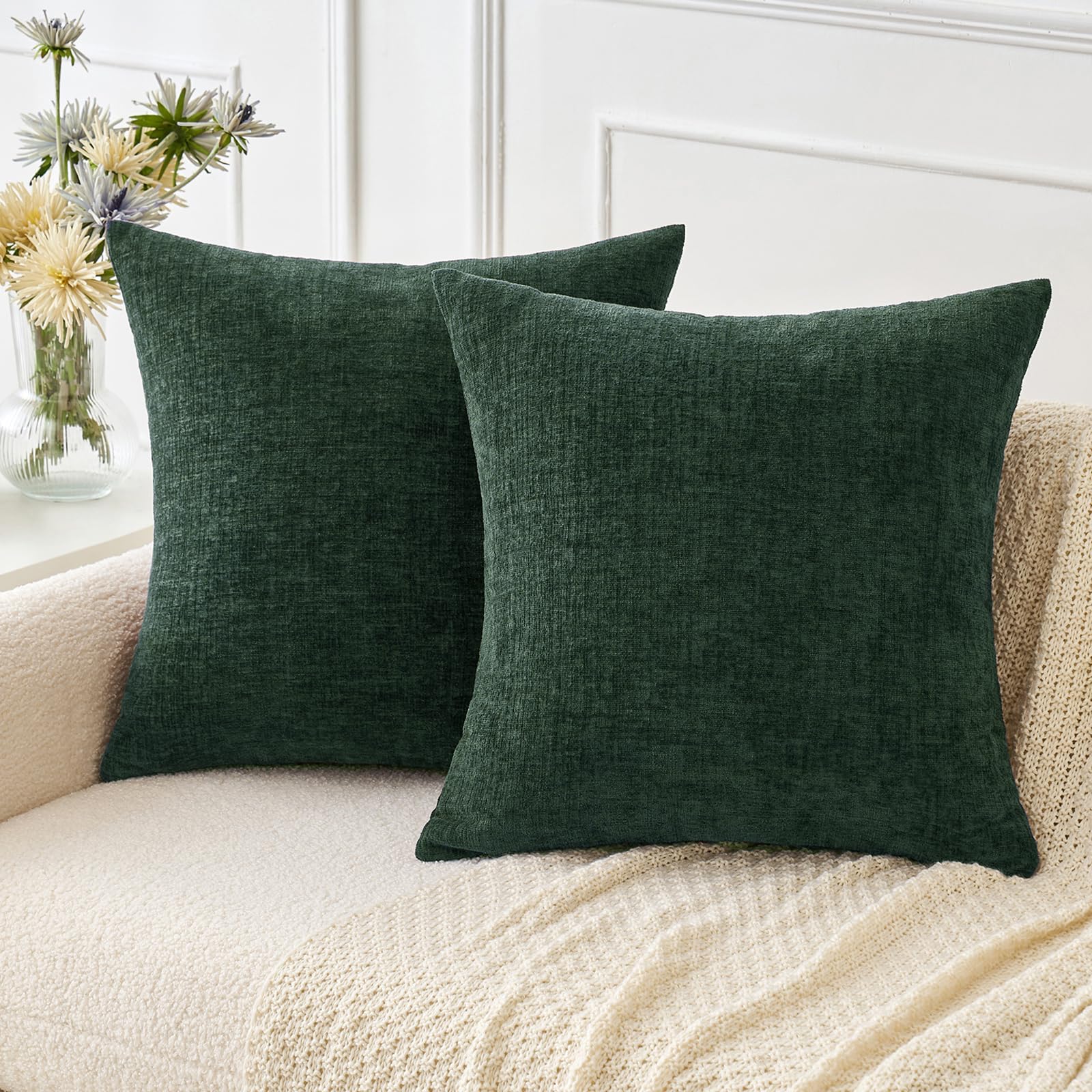 Miulee Pack Of 2 Christmas Green Throw Pillow Covers 20X20 Inch Soft Chenille Pillow Covers For Sofa Living Room Couch Solid Dye