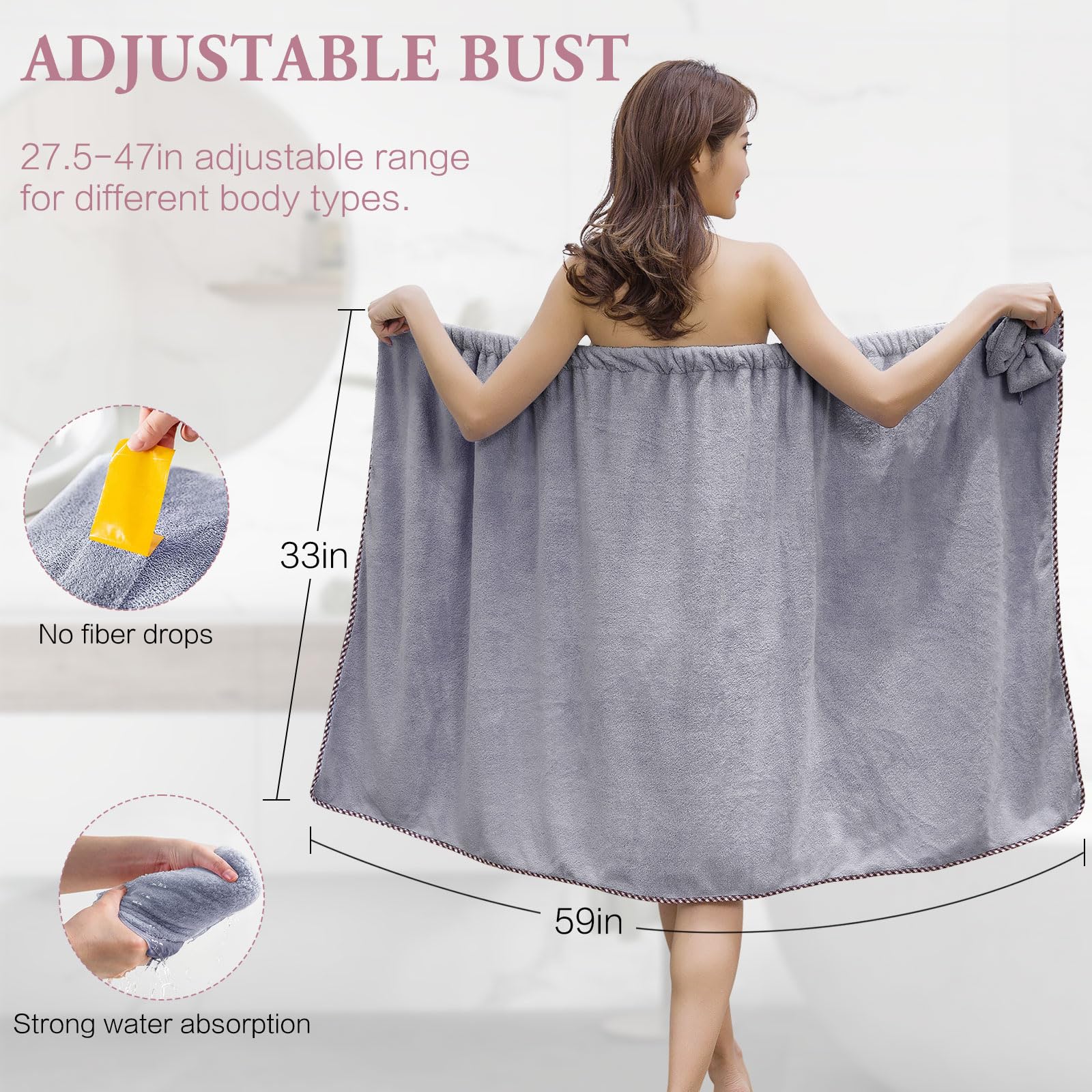 Koikey Women Bath Wrap Hair Towel - Adjustable Luxury Microfiber Soft Towels For Shower After Body Cover, Super Absorbent To Qui