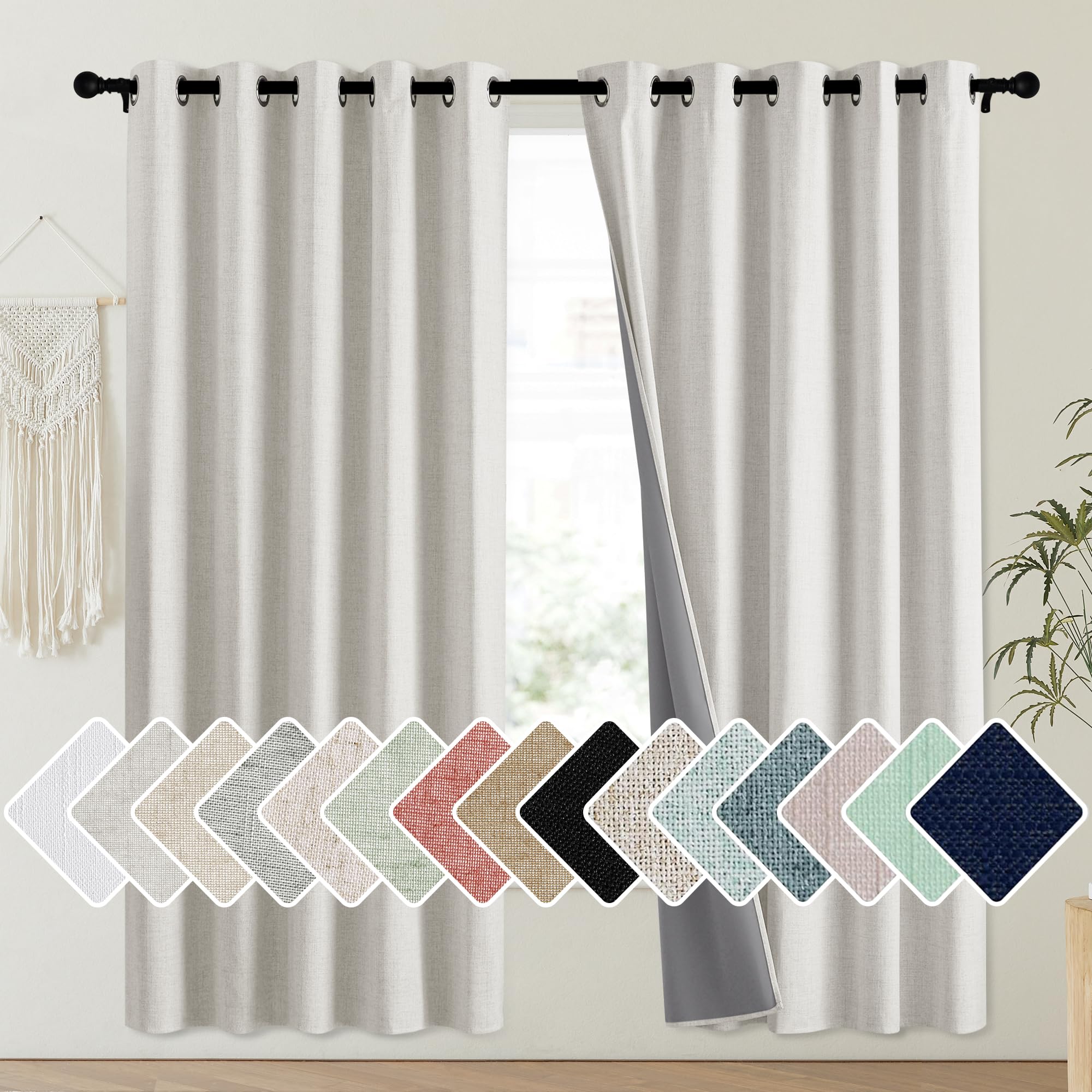 NICETOWN Snowbound Vintage Linen 100% Blackout Curtains for Playroom, Thermal Insulated Curtains 72 Long, Noise Reducing Window 