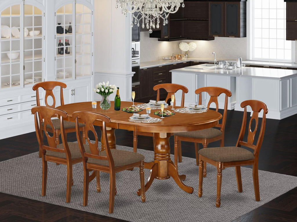 East West Furniture PLNA7-SBR-C 7 Piece Kitchen Table Set Consist of an Oval Dining Table with Butterfly Leaf and 6 Linen Fabric Dining Room Chairs, 42x78 Inch, Saddle Brown