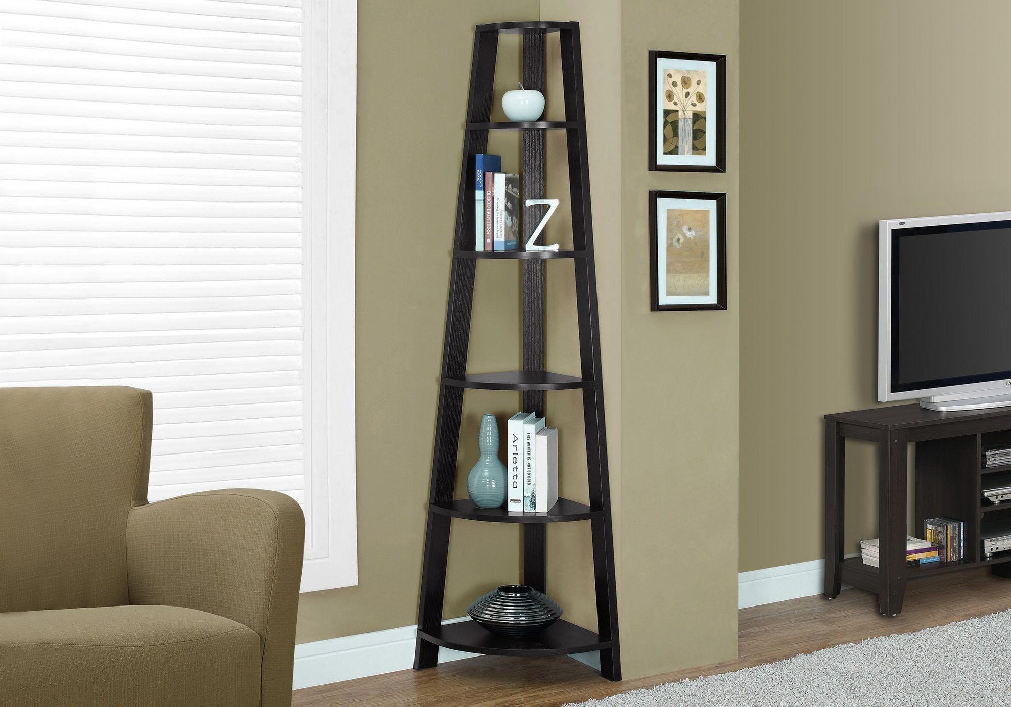 Monarch Specialties Corner Bookcase, 72' H, Cappuccino