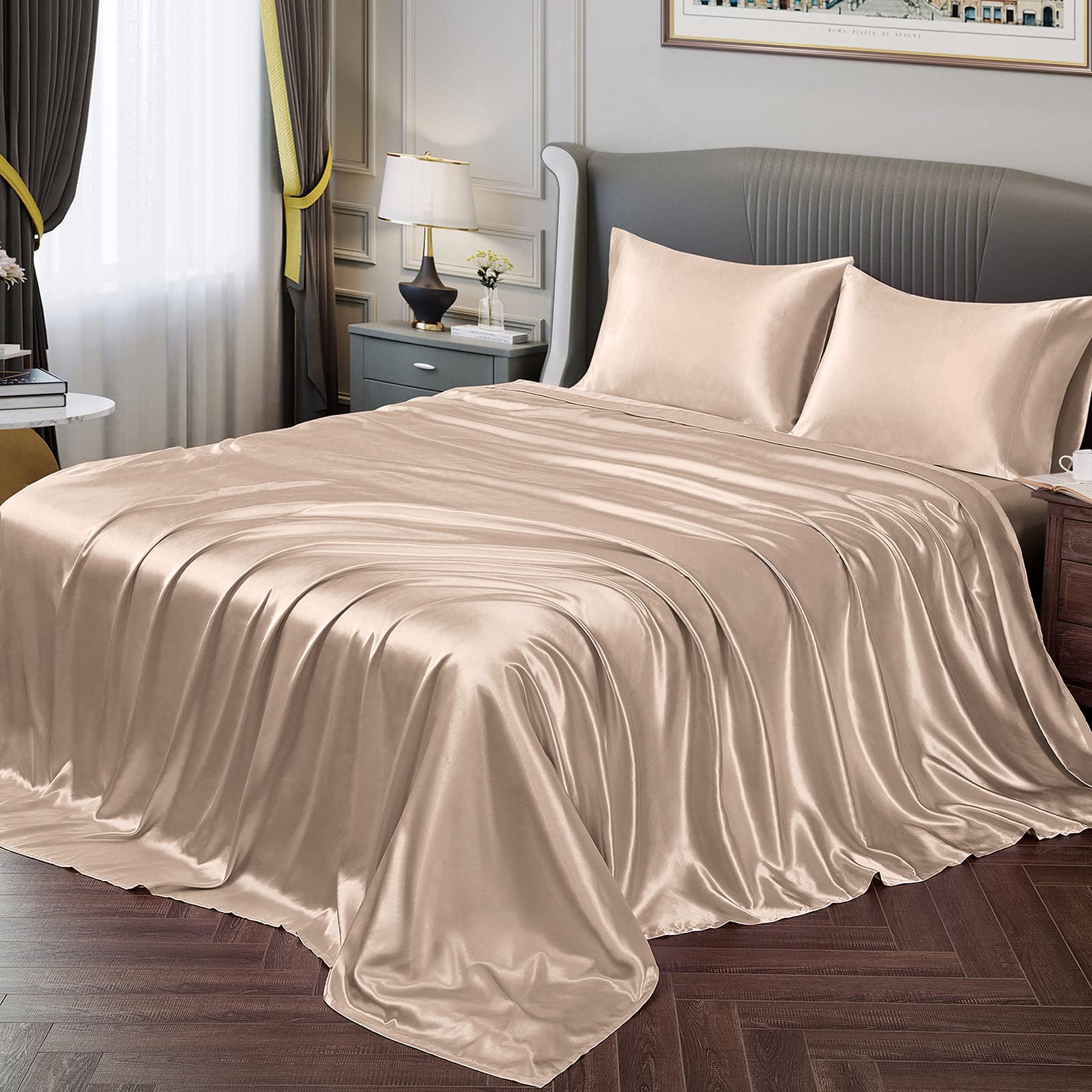 Vonty Satin Sheets Full Silky Soft Satin Bed Sheets Amber Beige Satin Sheet Set, 1 Deep Pocket Fitted Sheet + 1 Flat Sheet + 2 P