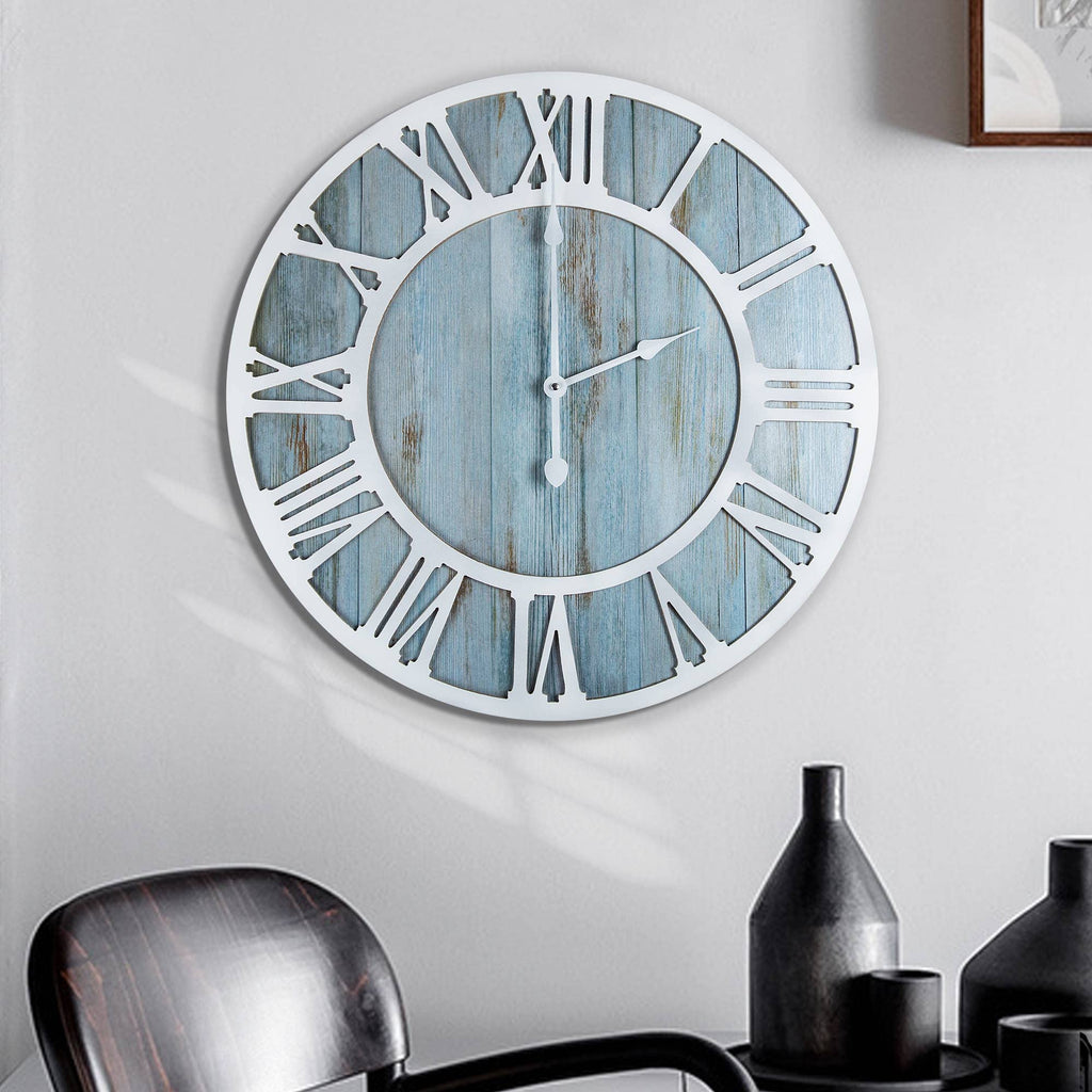 1st owned Wood Wall Clock - 24 Inch Blue Minimalist Roman Numbers Silent Non Ticking Decorative for Bedroom
