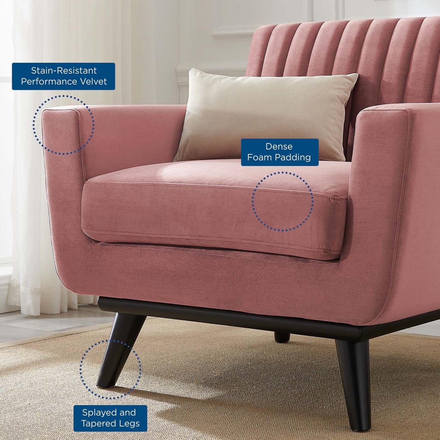 Modway Engage Channel Tufted Performance Velvet Armchair in Dusty Rose