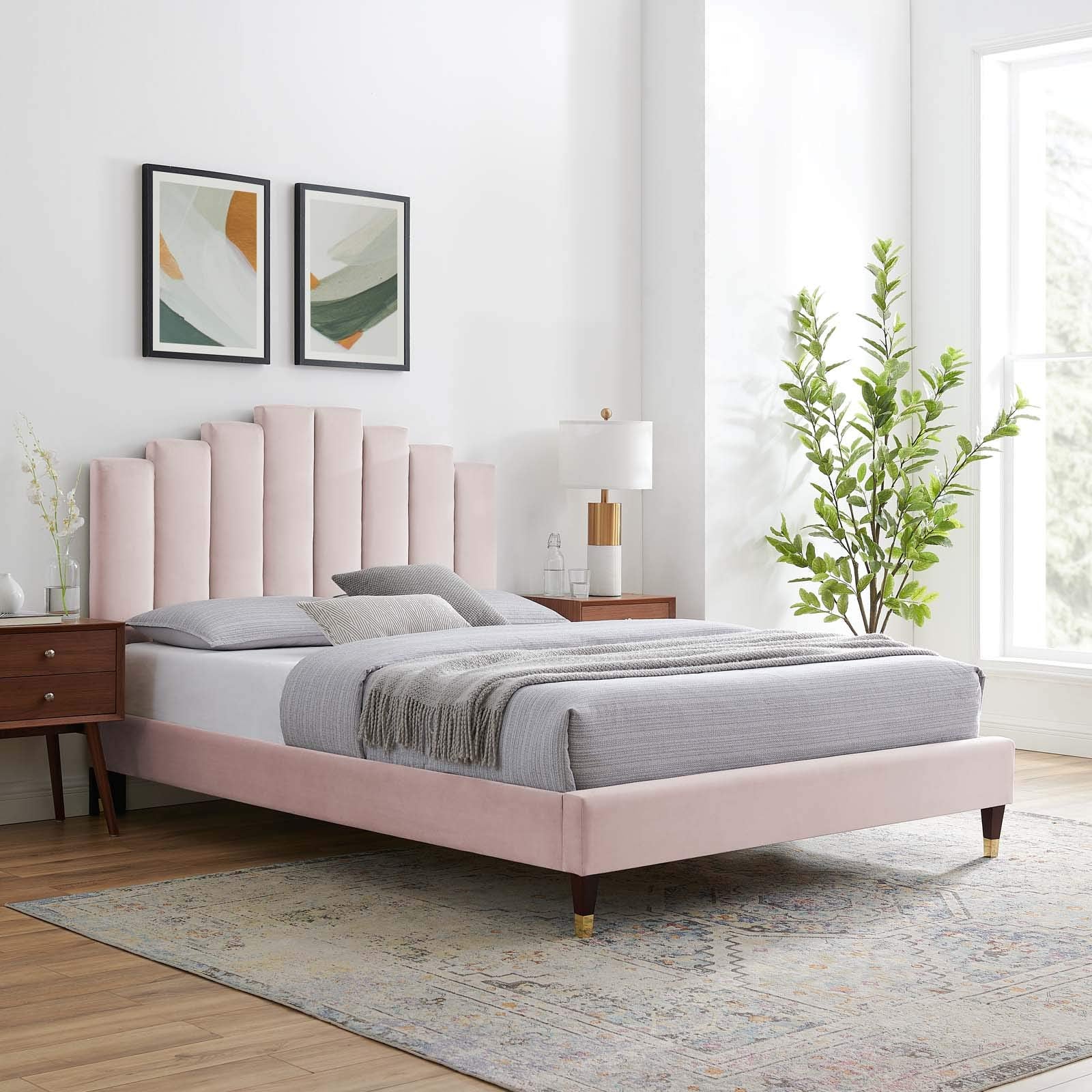 Modway Elise Channel Tufted Performance Velvet Full Platform Bed In Pink With Gold Legs